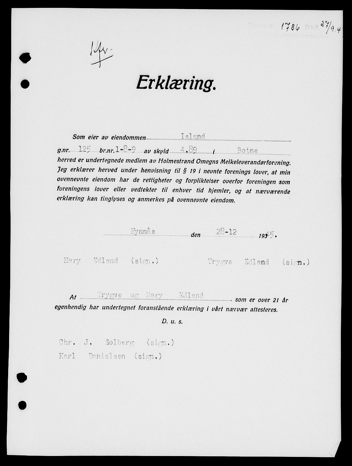 Holmestrand sorenskriveri, SAKO/A-67/G/Ga/Gaa/L0062: Pantebok nr. A-62, 1947-1947, Dagboknr: 1786/1947