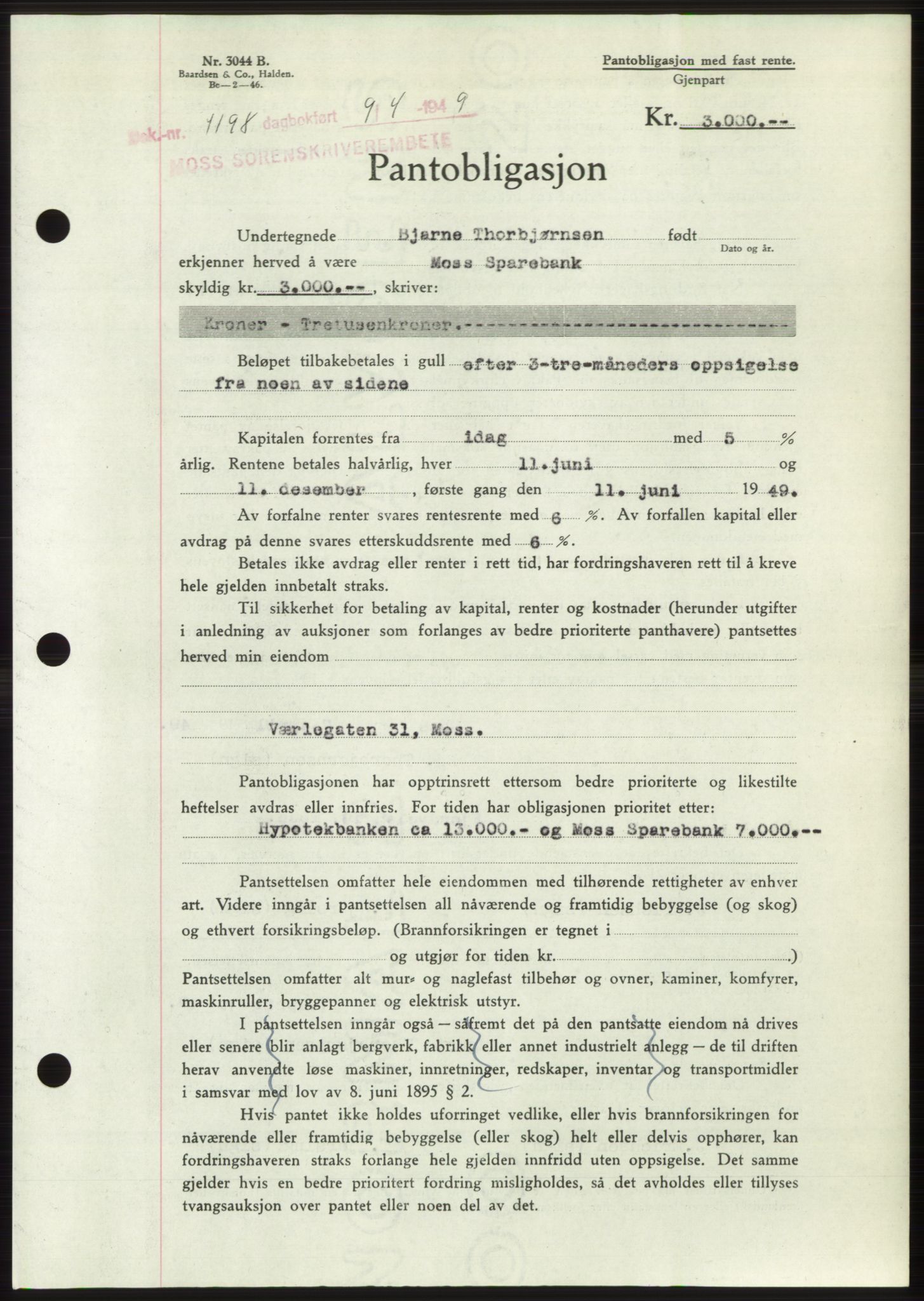 Moss sorenskriveri, SAO/A-10168: Pantebok nr. B21, 1949-1949, Dagboknr: 1198/1949