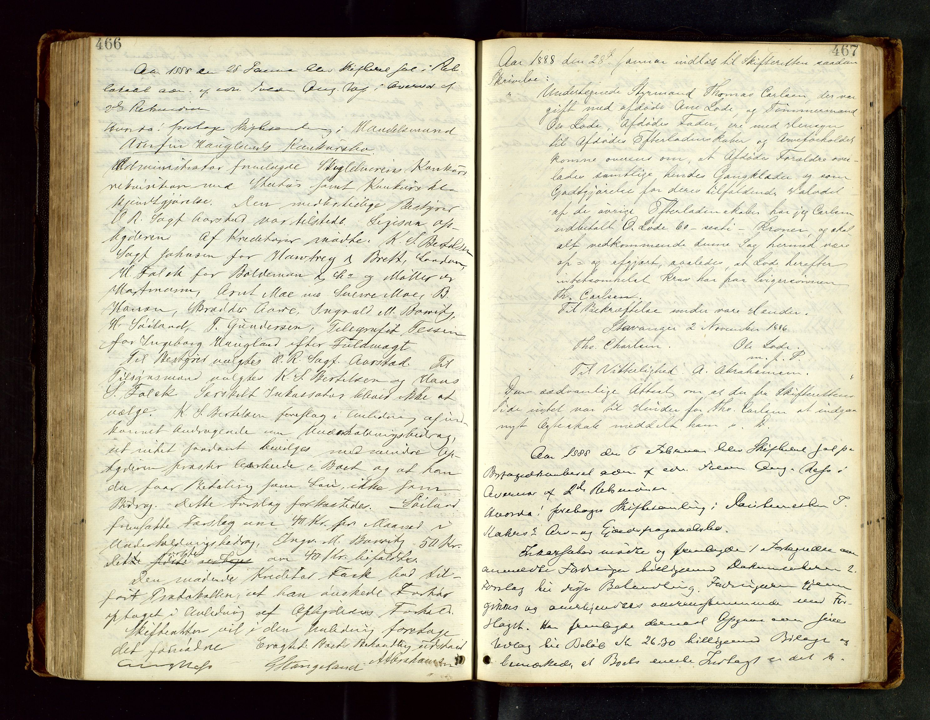 Stavanger byfogd, AV/SAST-A-101408/001/5/50/503BB/L0017: Skifteforhandlingsprotokoll, 1883-1889, s. 466-467