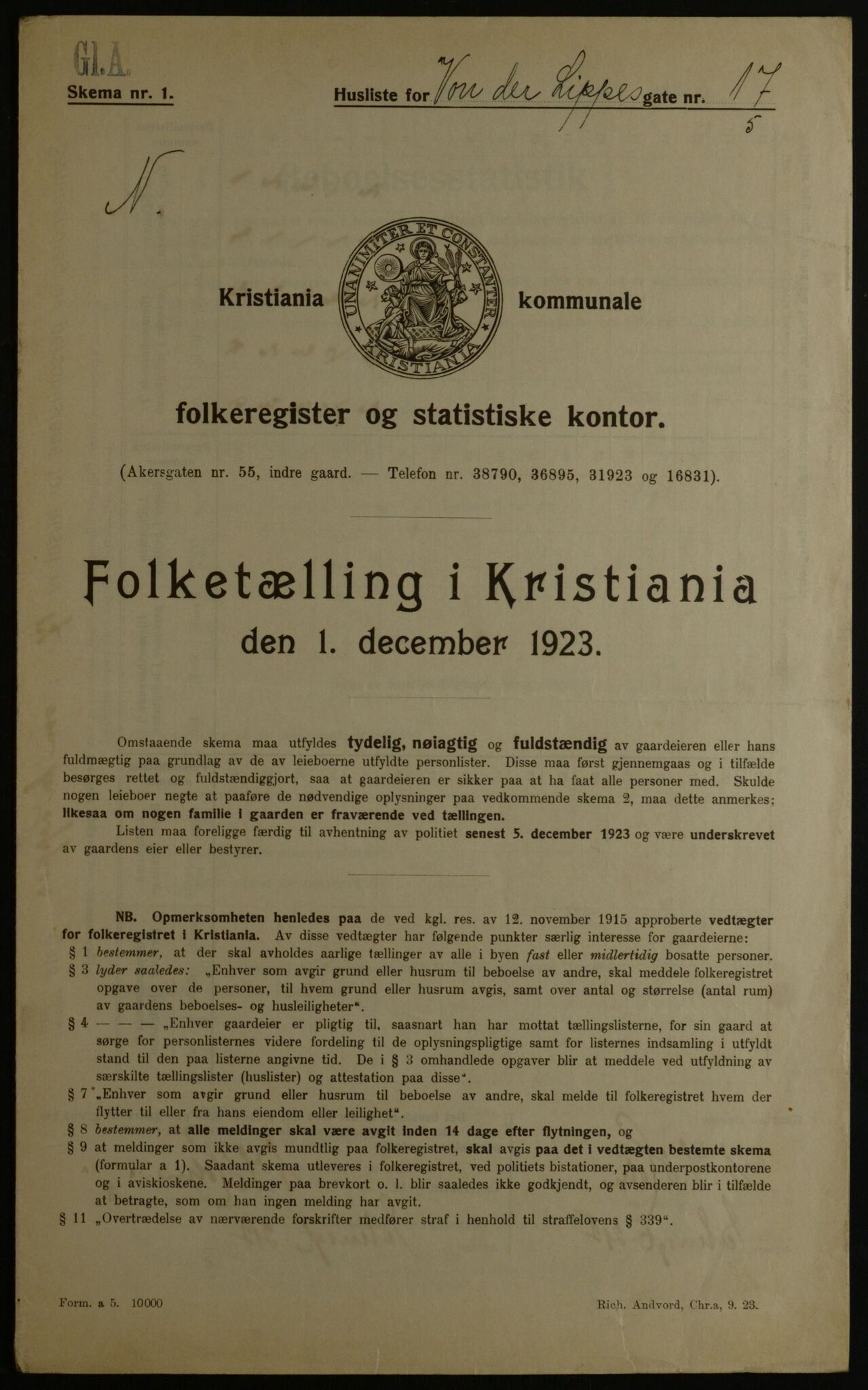 OBA, Kommunal folketelling 1.12.1923 for Kristiania, 1923, s. 138329