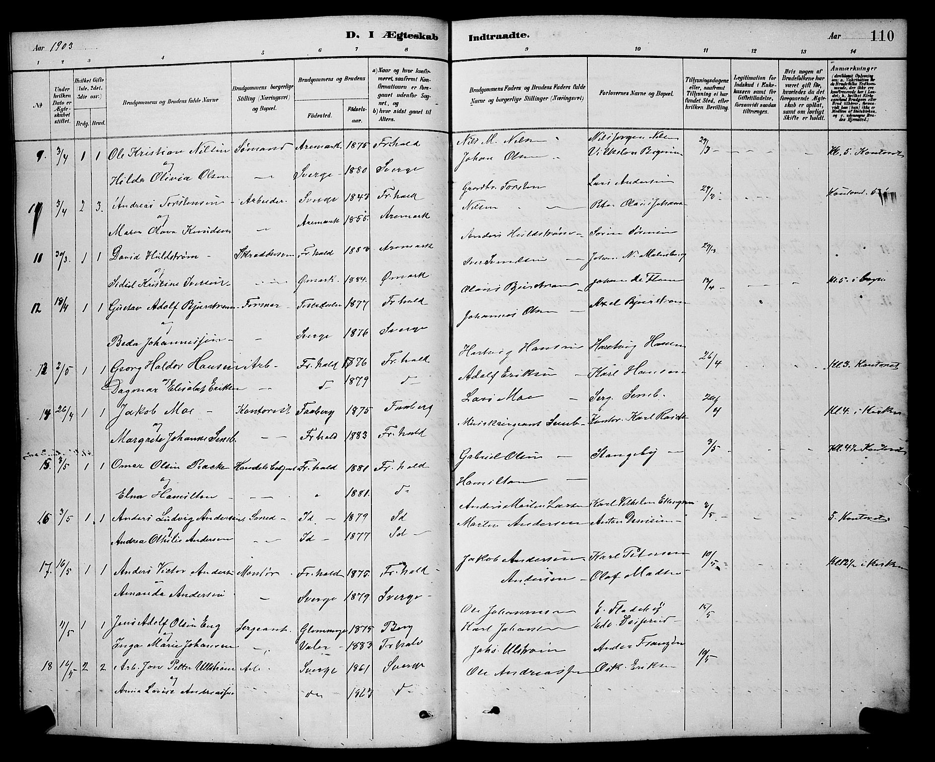 Halden prestekontor Kirkebøker, AV/SAO-A-10909/G/Ga/L0009: Klokkerbok nr. 9, 1885-1908, s. 110