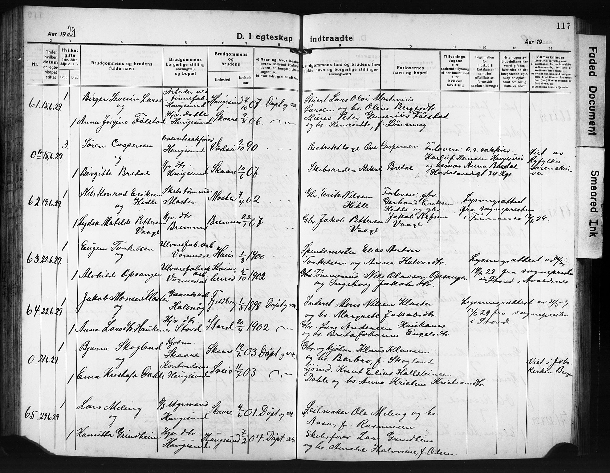 Haugesund sokneprestkontor, AV/SAST-A -101863/H/Ha/Hab/L0010: Klokkerbok nr. B 10, 1920-1931, s. 117