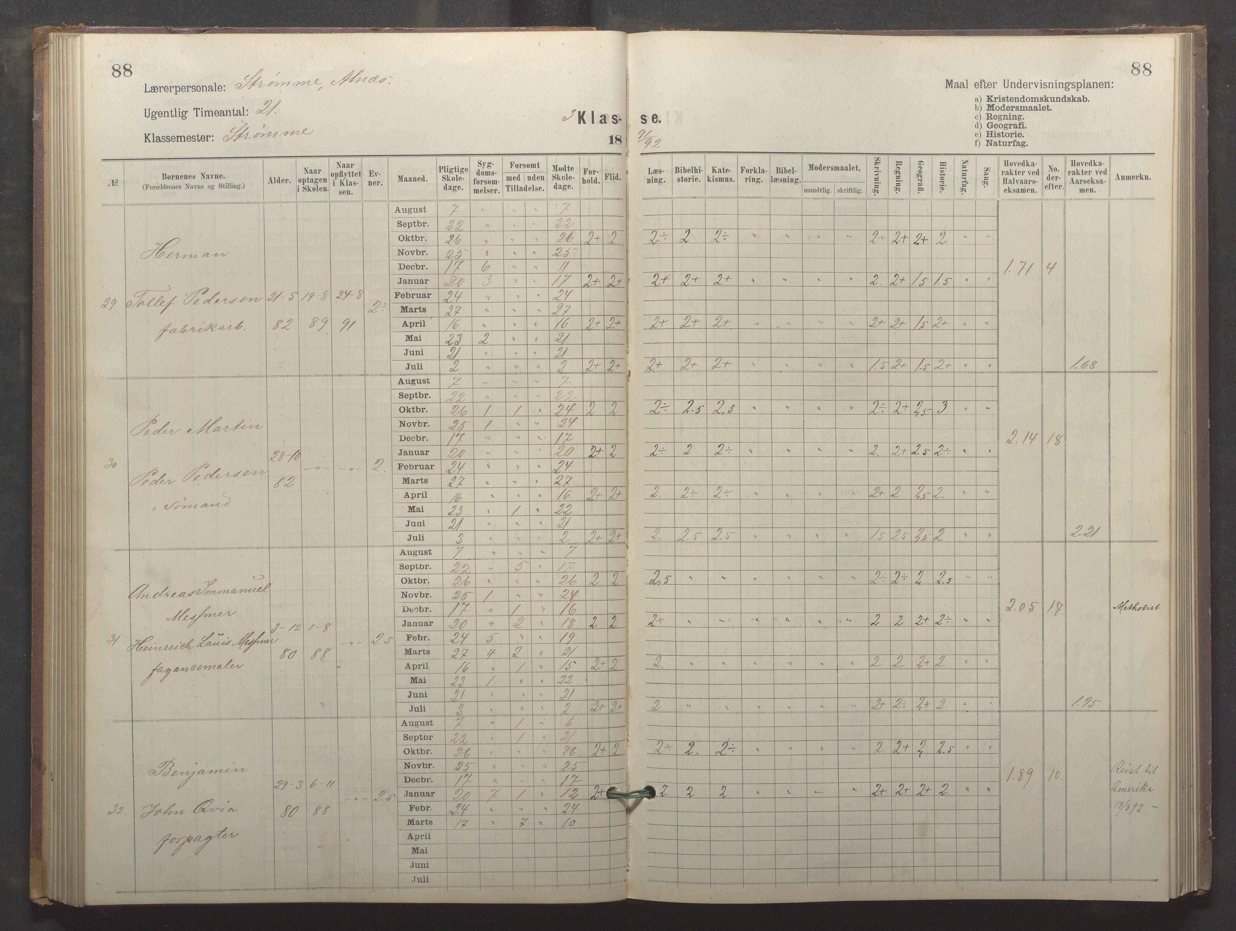 Egersund kommune (Ladested) - Egersund almueskole/folkeskole, IKAR/K-100521/H/L0024: Skoleprotokoll - Almueskolen, 3. klasse, 1887-1892, s. 88