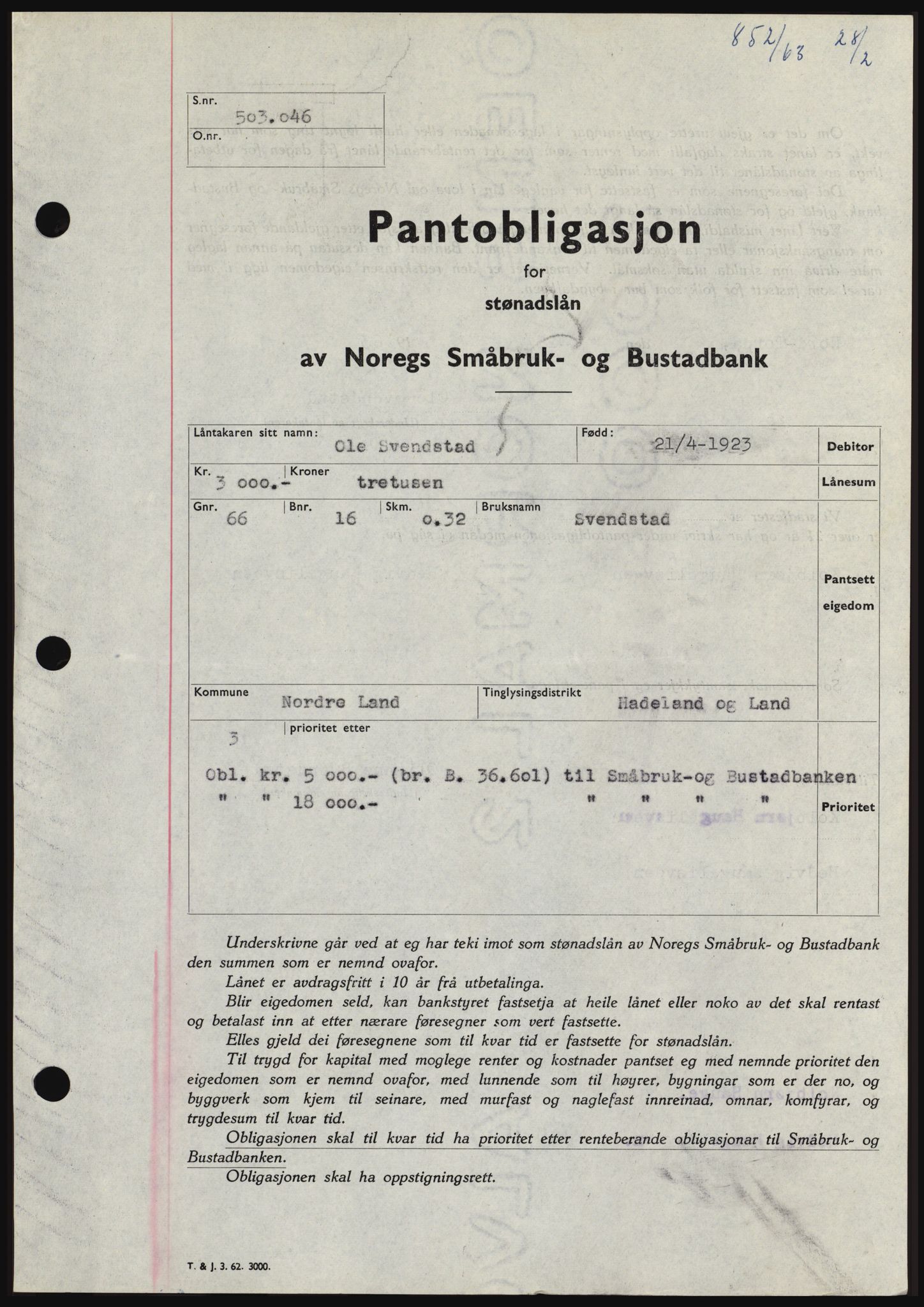 Hadeland og Land tingrett, SAH/TING-010/H/Hb/Hbc/L0050: Pantebok nr. B50, 1962-1963, Dagboknr: 852/1963