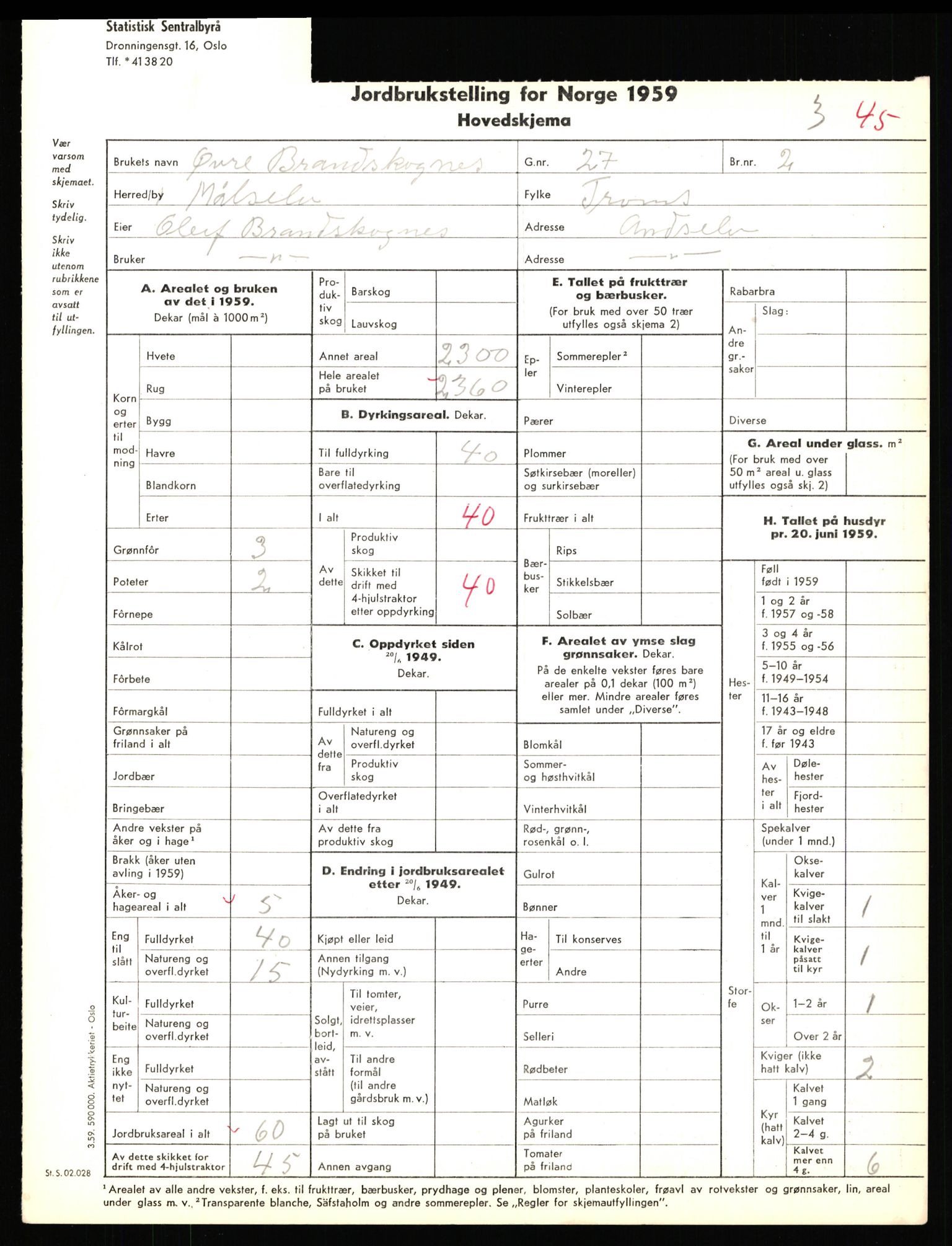 Statistisk sentralbyrå, Næringsøkonomiske emner, Jordbruk, skogbruk, jakt, fiske og fangst, AV/RA-S-2234/G/Gd/L0655: Troms: 1924 Målselv (kl. 4-10), 1959, s. 1009