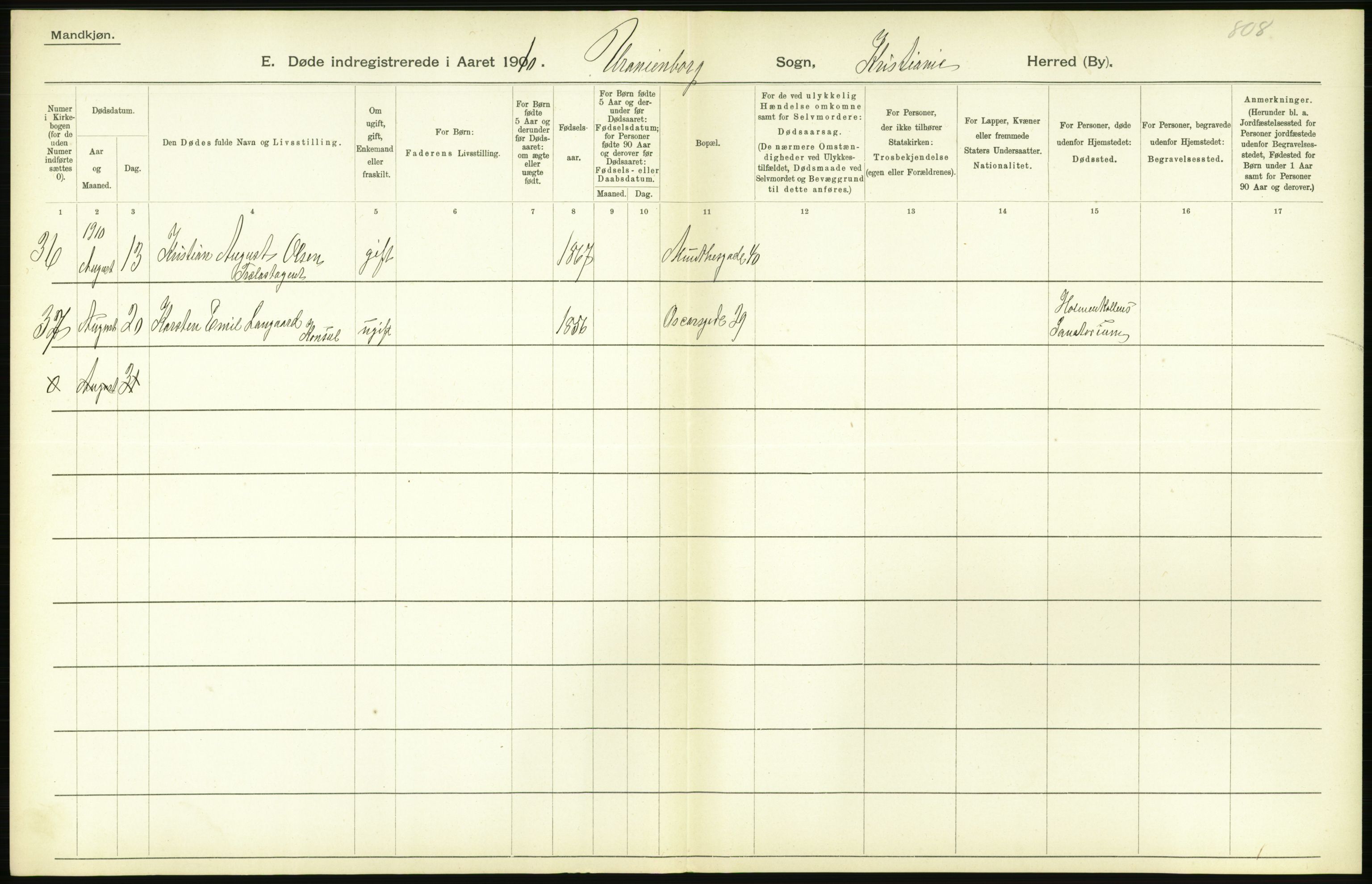 Statistisk sentralbyrå, Sosiodemografiske emner, Befolkning, AV/RA-S-2228/D/Df/Dfa/Dfah/L0008: Kristiania: Døde, 1910, s. 848