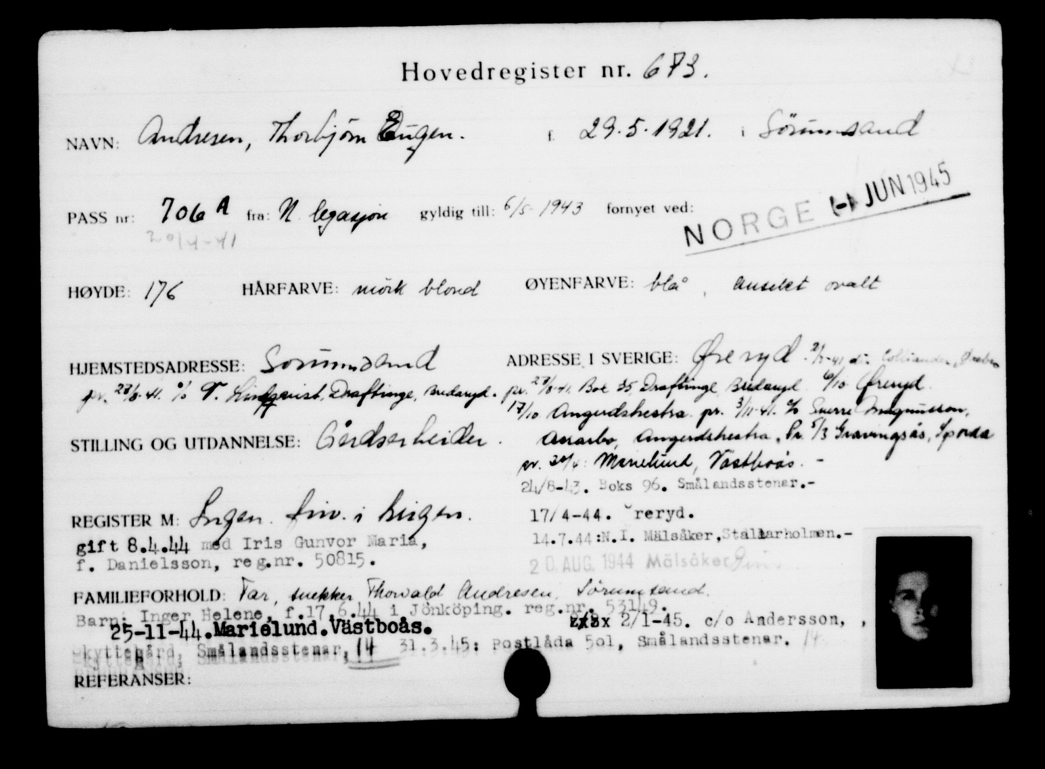 Utenriksstasjonene, Legasjonen i Stockholm, Flyktningkontoret, AV/RA-S-6753/V/Va/L0001: Kjesäterkartoteket, flyktninger med registreringsnr. 1-1000, 1940-1945, s. 1054