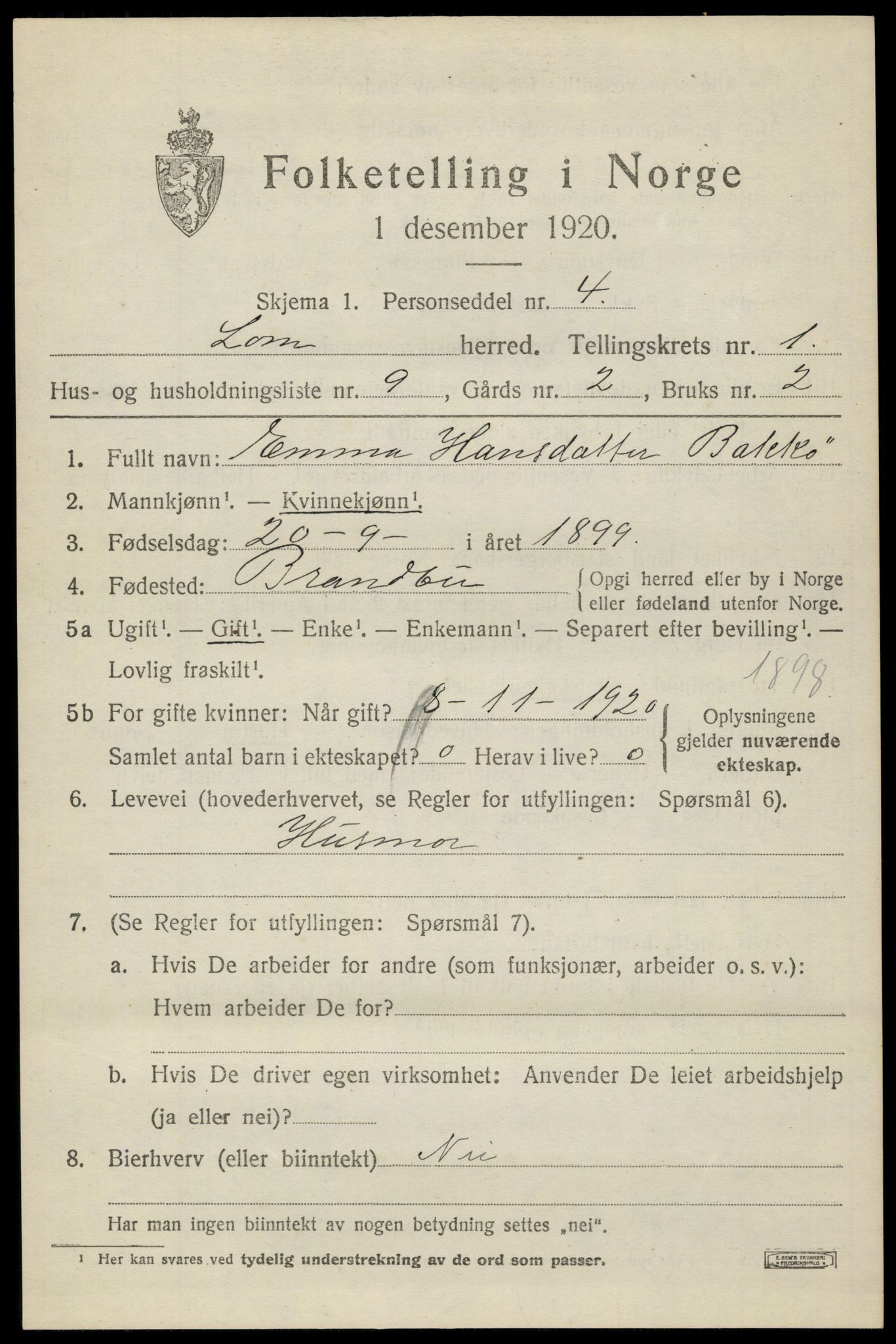 SAH, Folketelling 1920 for 0514 Lom herred, 1920, s. 1042