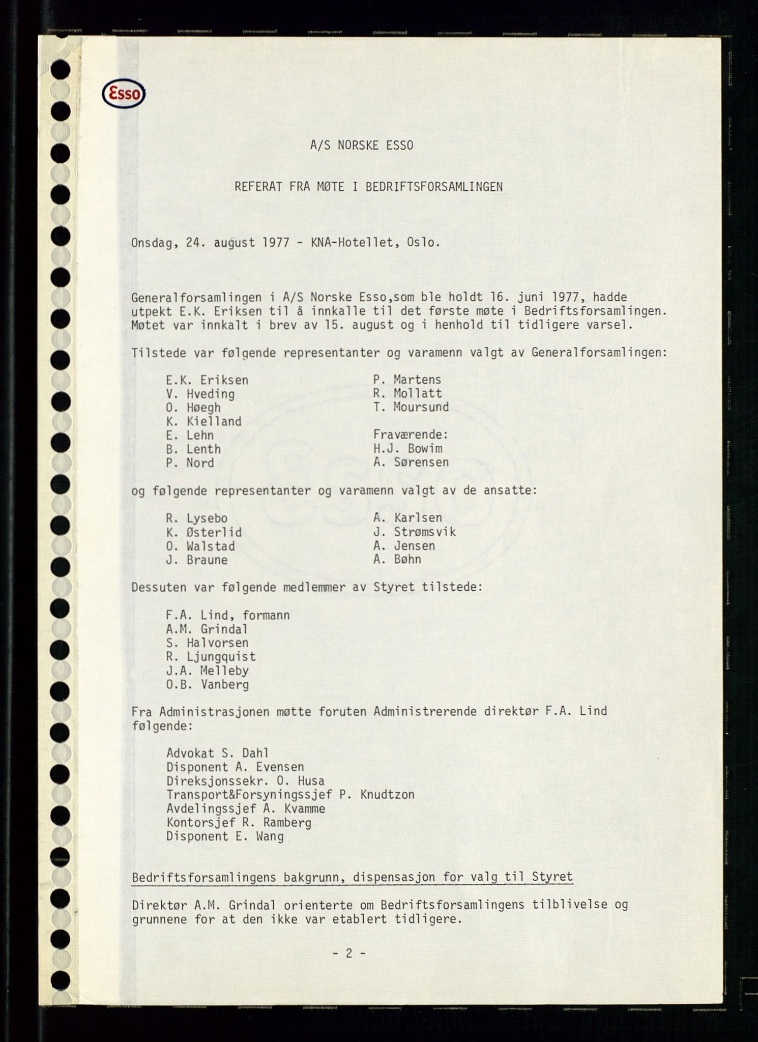 Pa 0982 - Esso Norge A/S, AV/SAST-A-100448/A/Aa/L0003/0004: Den administrerende direksjon Board minutes (styrereferater) og Bedriftforsamlingsprotokoll / Bedriftforsamlingsprotokoll, 1977-1993, s. 2
