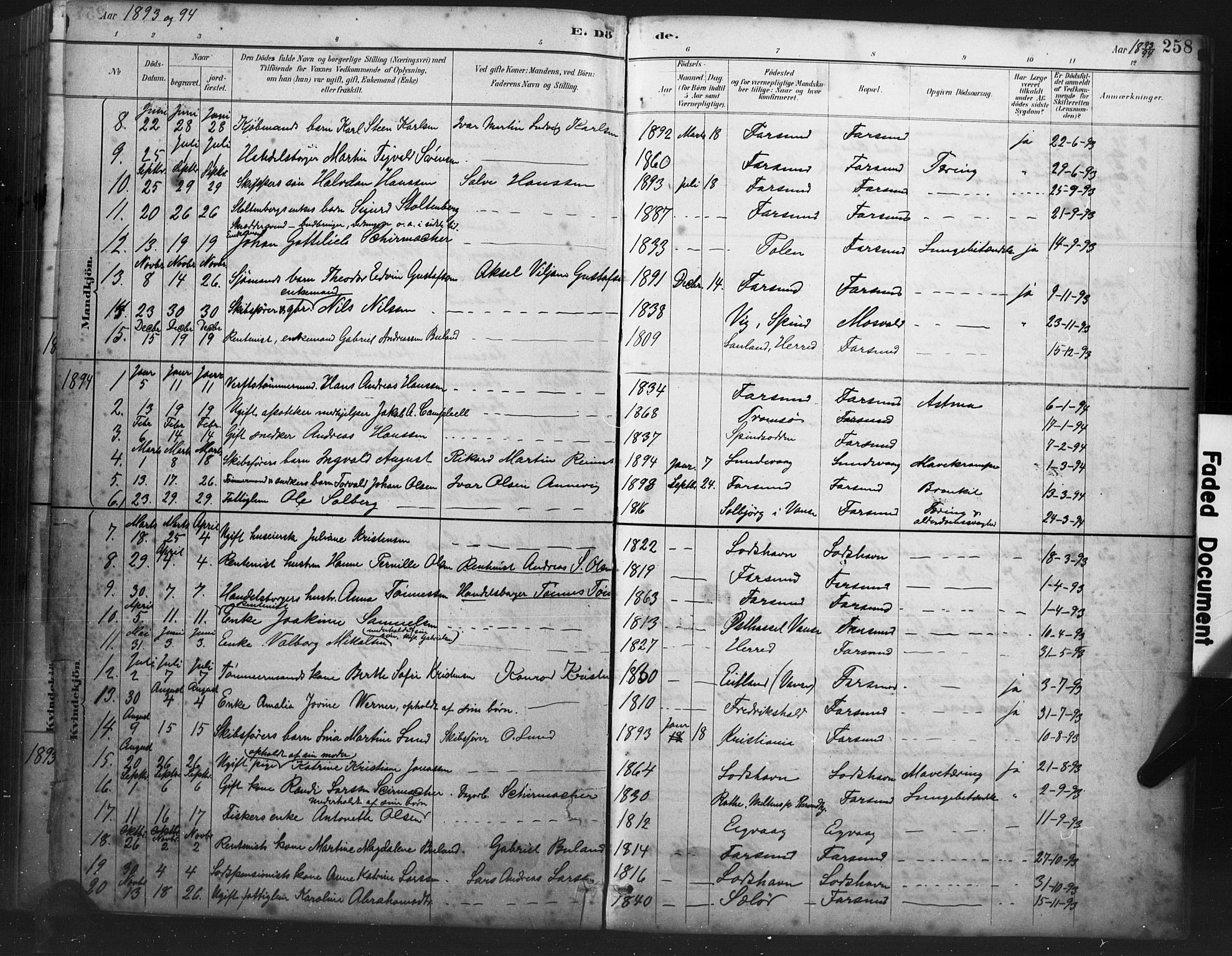 Farsund sokneprestkontor, AV/SAK-1111-0009/F/Fb/L0001: Klokkerbok nr. B 1, 1886-1931, s. 258