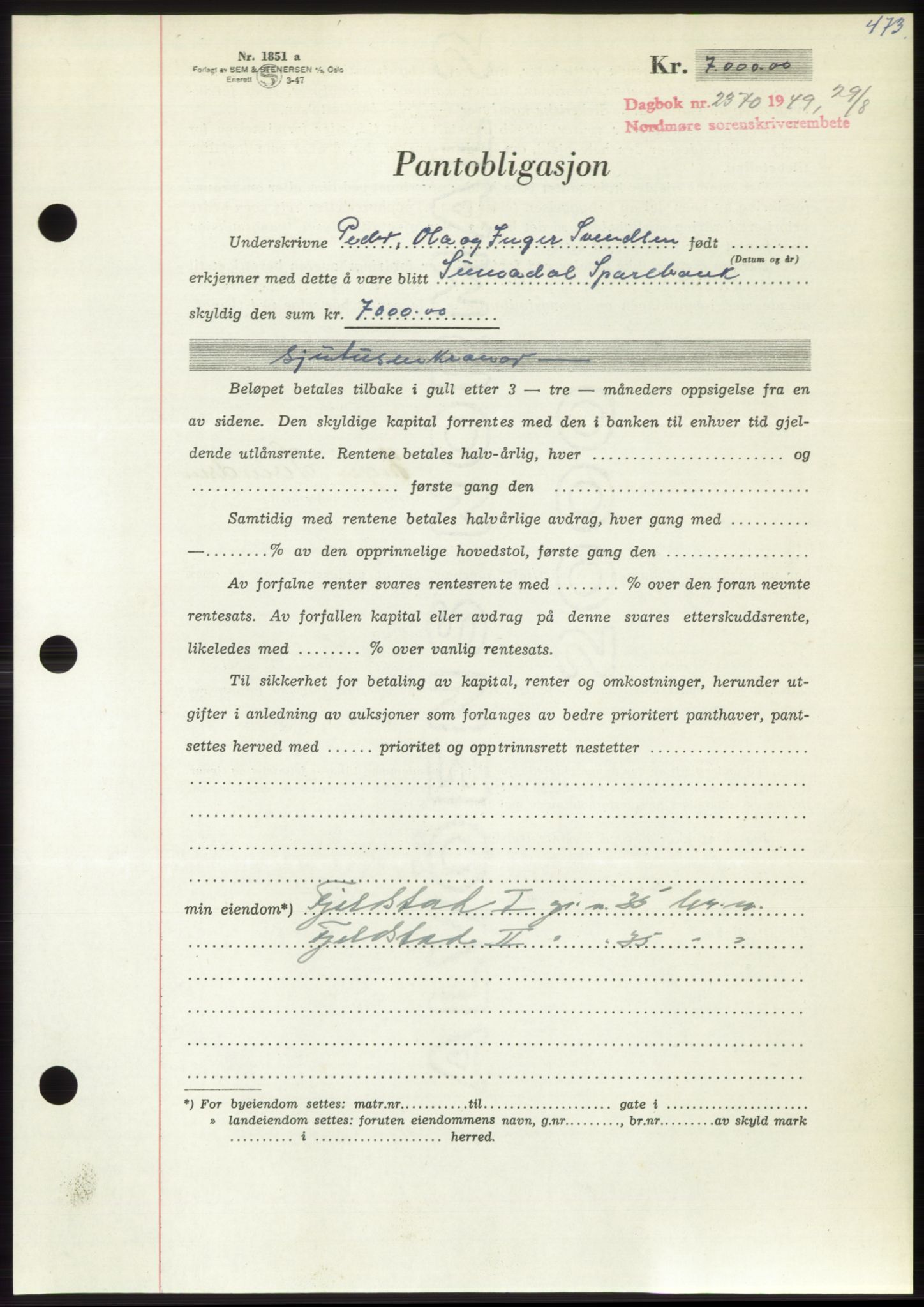 Nordmøre sorenskriveri, AV/SAT-A-4132/1/2/2Ca: Pantebok nr. B102, 1949-1949, Dagboknr: 2370/1949