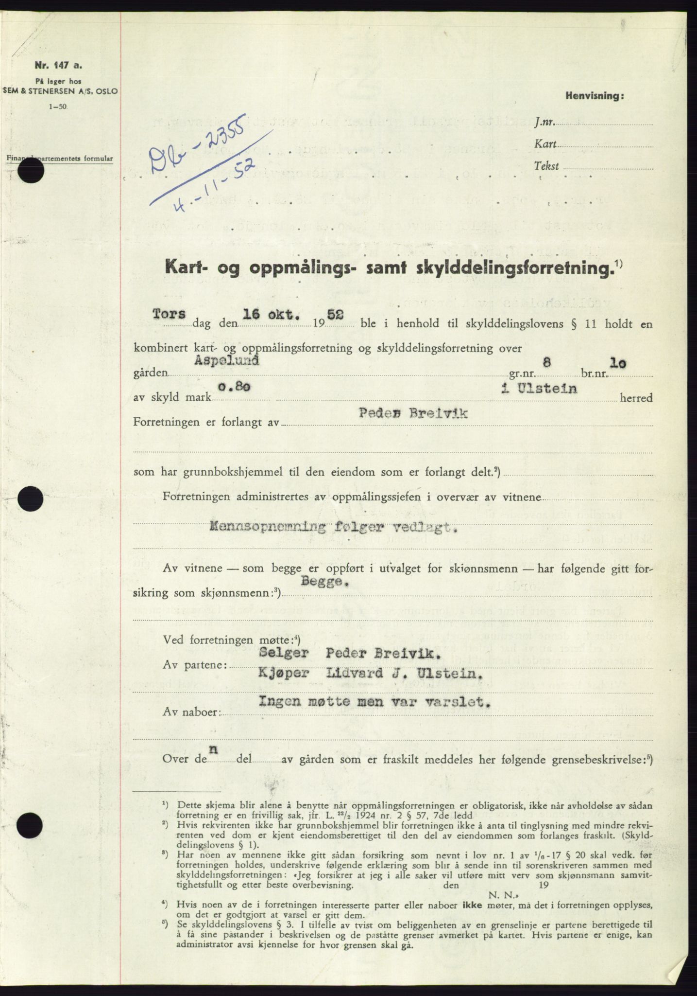 Søre Sunnmøre sorenskriveri, SAT/A-4122/1/2/2C/L0093: Pantebok nr. 19A, 1952-1953, Dagboknr: 2355/1952