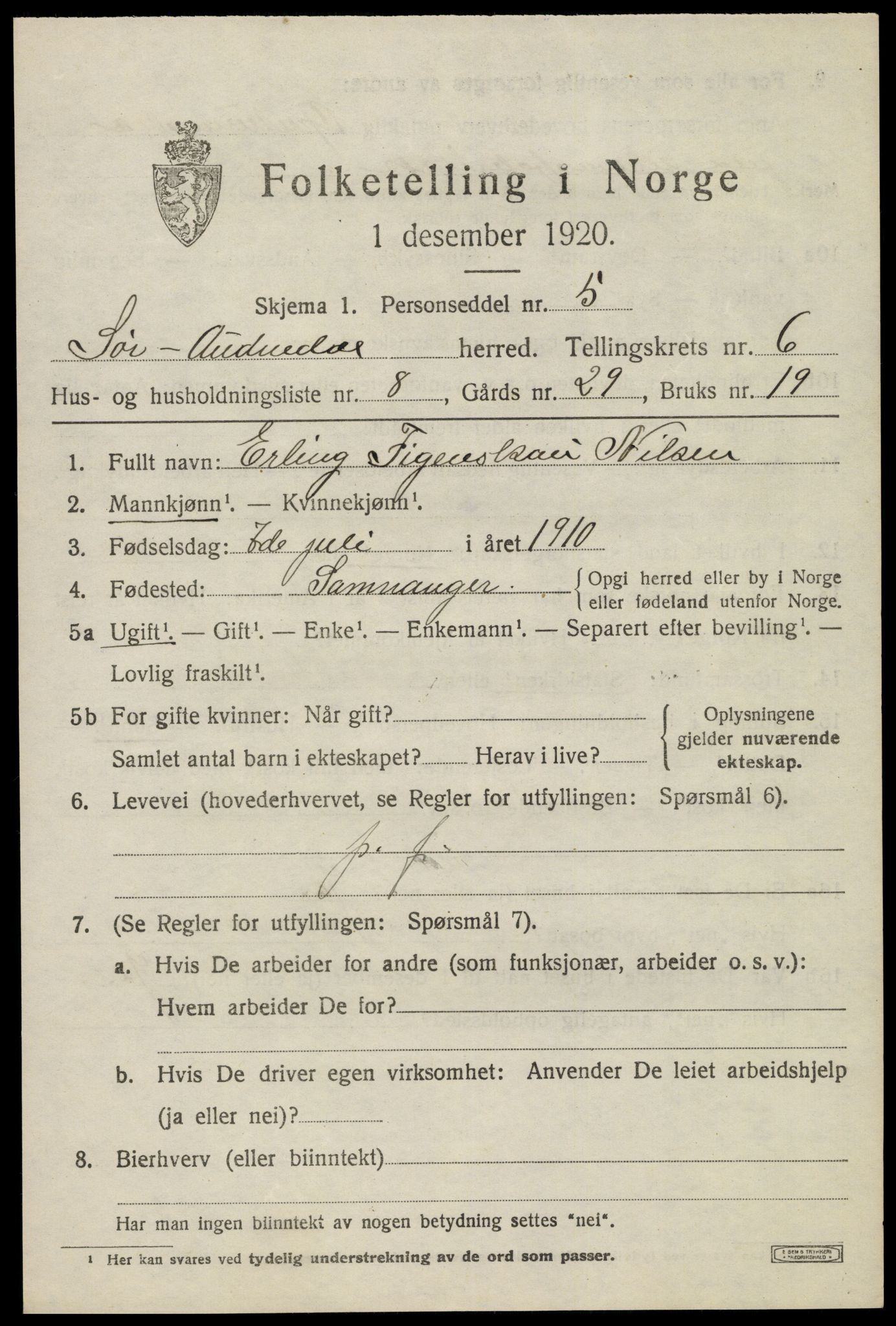 SAK, Folketelling 1920 for 1029 Sør-Audnedal herred, 1920, s. 2775