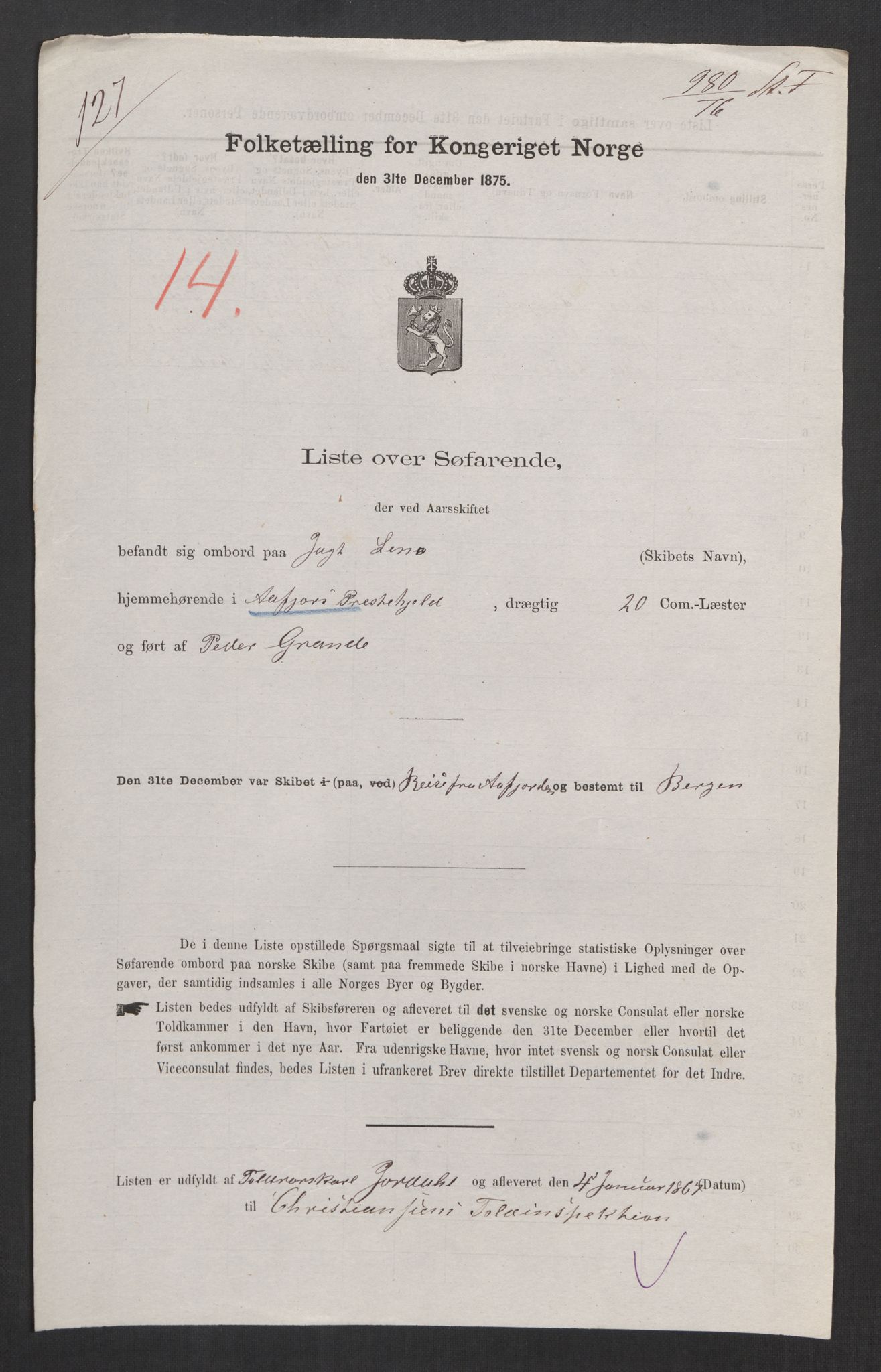 RA, Folketelling 1875, skipslister: Skip i innenrikske havner, hjemmehørende i 1) landdistrikter, 2) forskjellige steder, 3) utlandet, 1875, s. 346