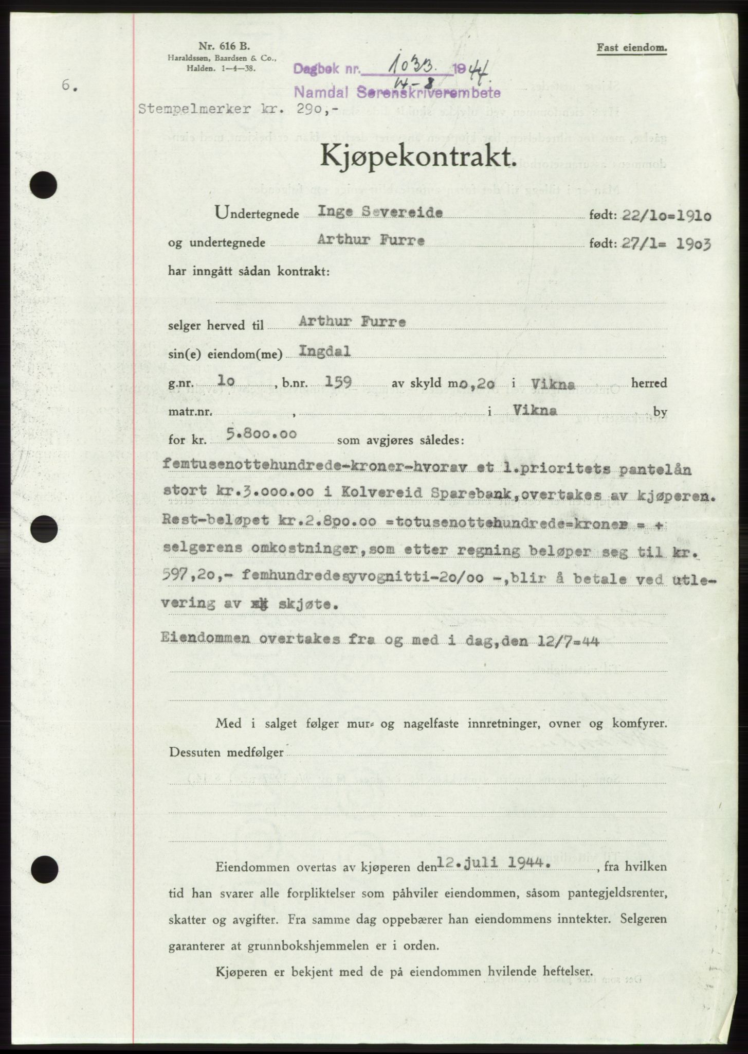 Namdal sorenskriveri, SAT/A-4133/1/2/2C: Pantebok nr. -, 1944-1945, Dagboknr: 1033/1944
