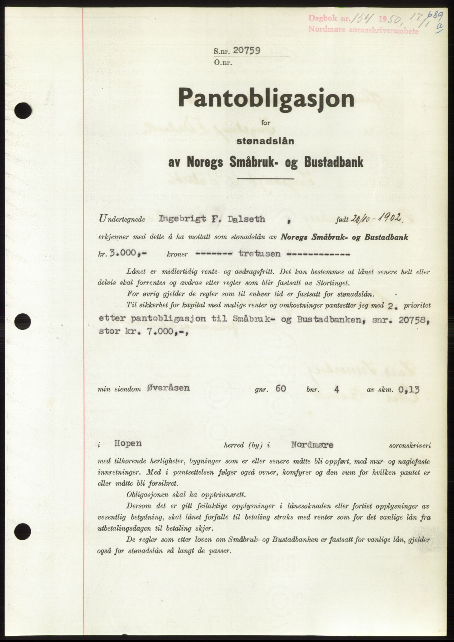 Nordmøre sorenskriveri, SAT/A-4132/1/2/2Ca: Pantebok nr. B103, 1949-1950, Dagboknr: 154/1950