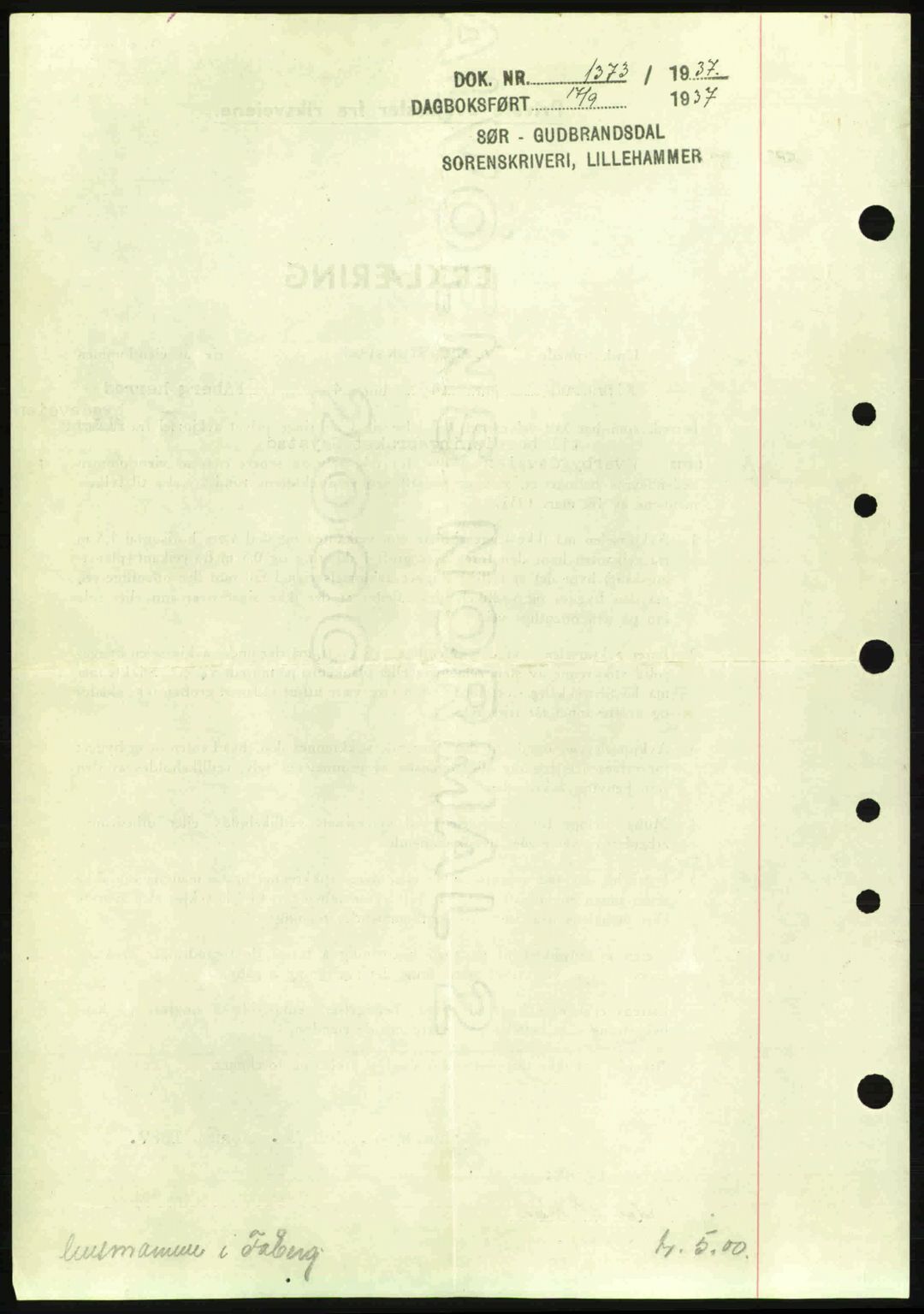 Sør-Gudbrandsdal tingrett, SAH/TING-004/H/Hb/Hbe/L0001: Pantebok nr. B1, 1936-1939, Dagboknr: 1373/1937