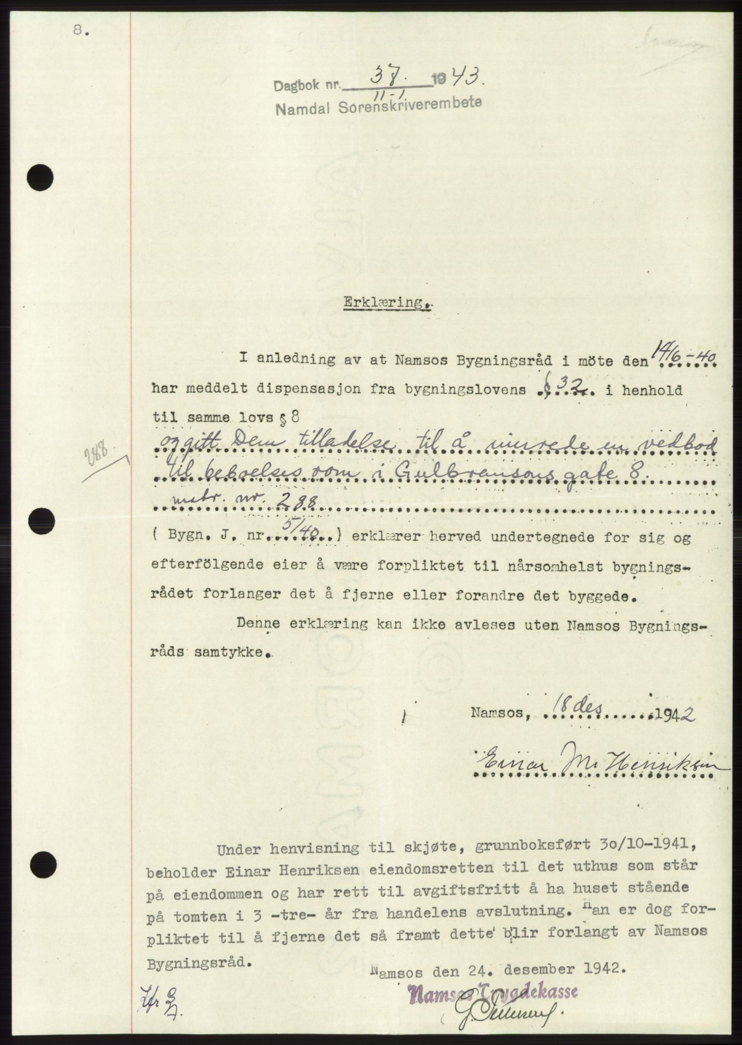 Namdal sorenskriveri, SAT/A-4133/1/2/2C: Pantebok nr. -, 1942-1943, Dagboknr: 37/1943