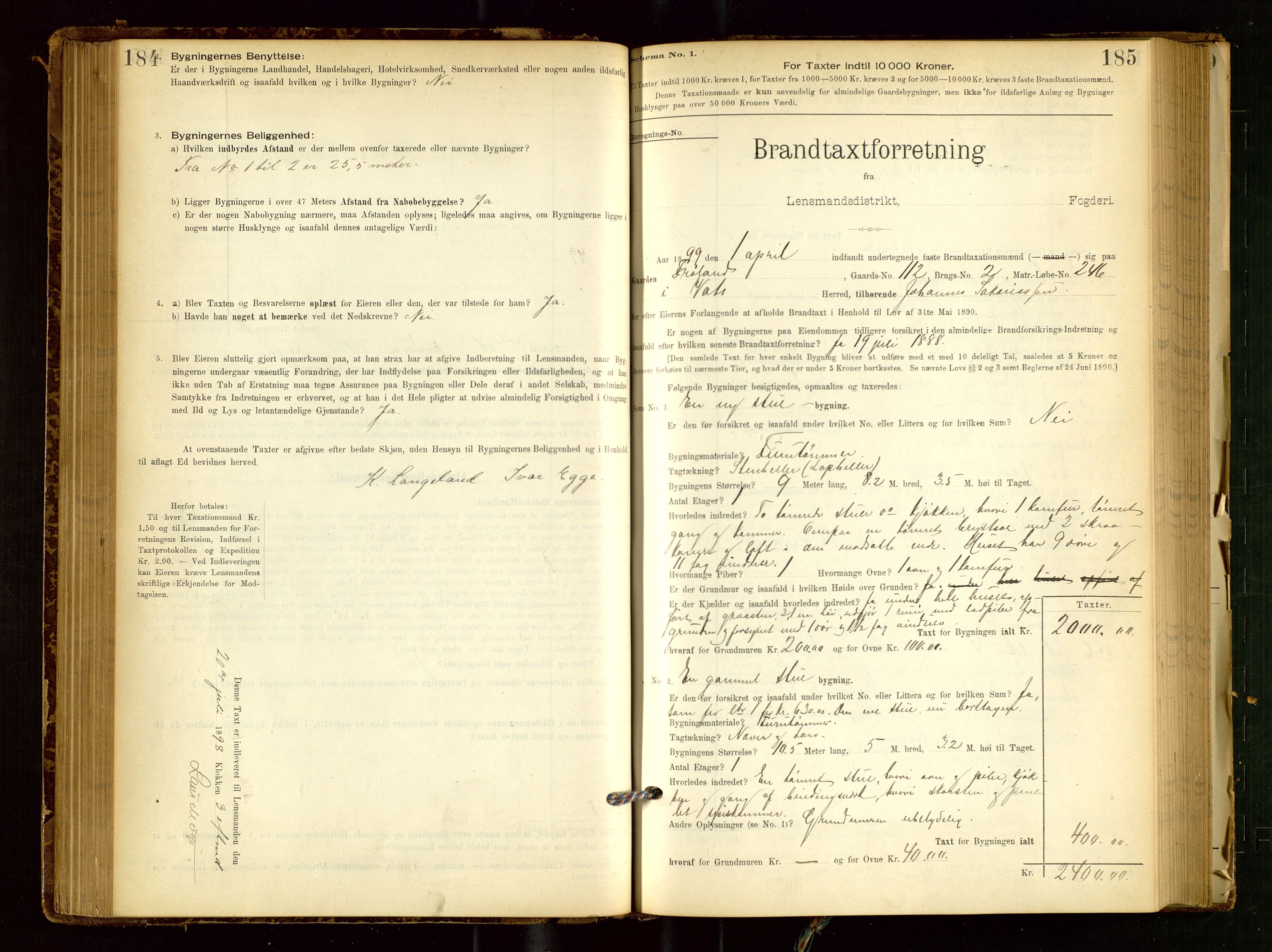 Skjold lensmannskontor, SAST/A-100182/Gob/L0001: "Brandtaxationsprotokol for Skjold Lensmandsdistrikt Ryfylke Fogderi", 1894-1939, s. 184-185