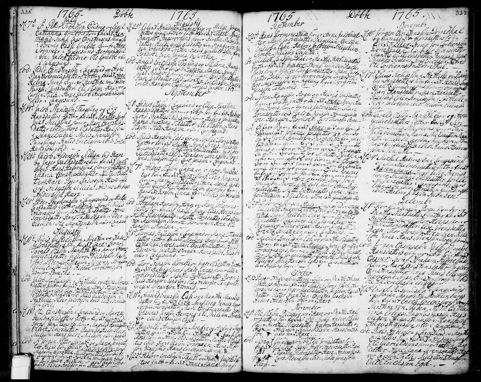 Bamble kirkebøker, SAKO/A-253/F/Fa/L0001: Ministerialbok nr. I 1, 1702-1774, s. 336-337