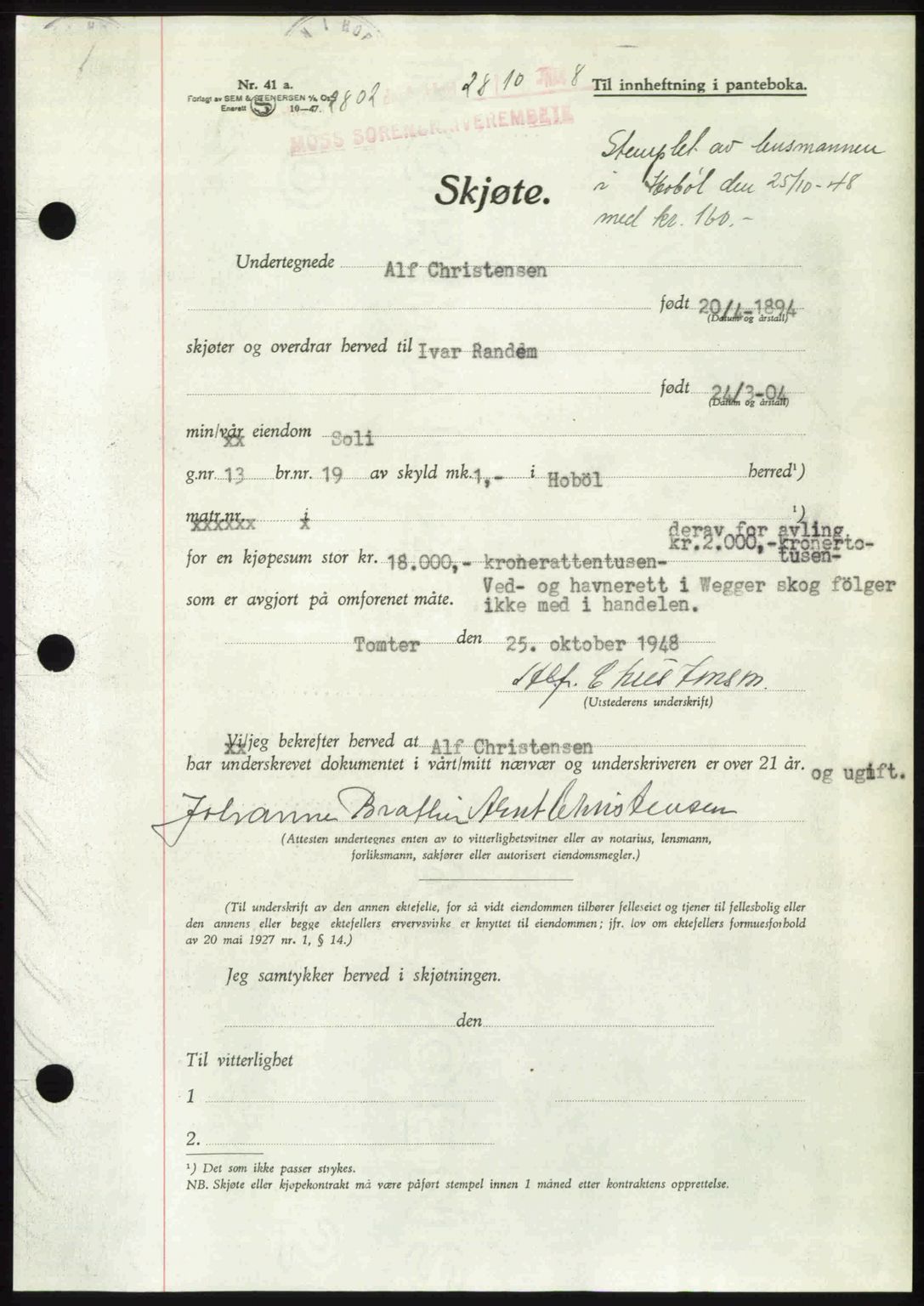 Moss sorenskriveri, SAO/A-10168: Pantebok nr. A20, 1948-1948, Dagboknr: 2802/1948