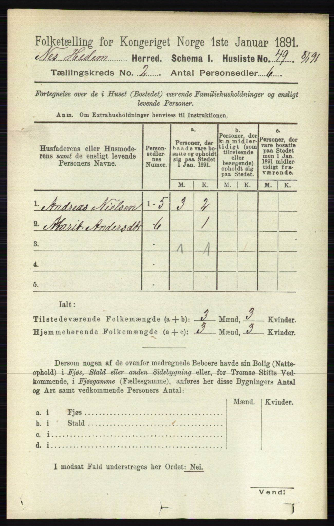 RA, Folketelling 1891 for 0411 Nes herred, 1891, s. 1053