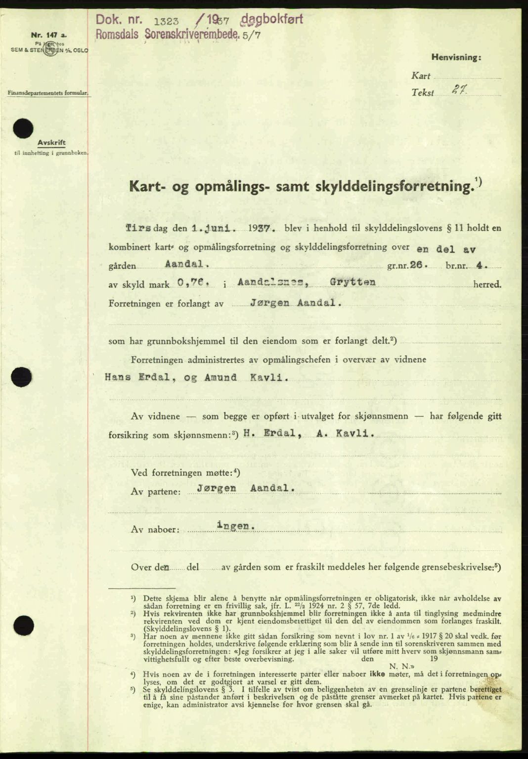 Romsdal sorenskriveri, SAT/A-4149/1/2/2C: Pantebok nr. A3, 1937-1937, Dagboknr: 1323/1937