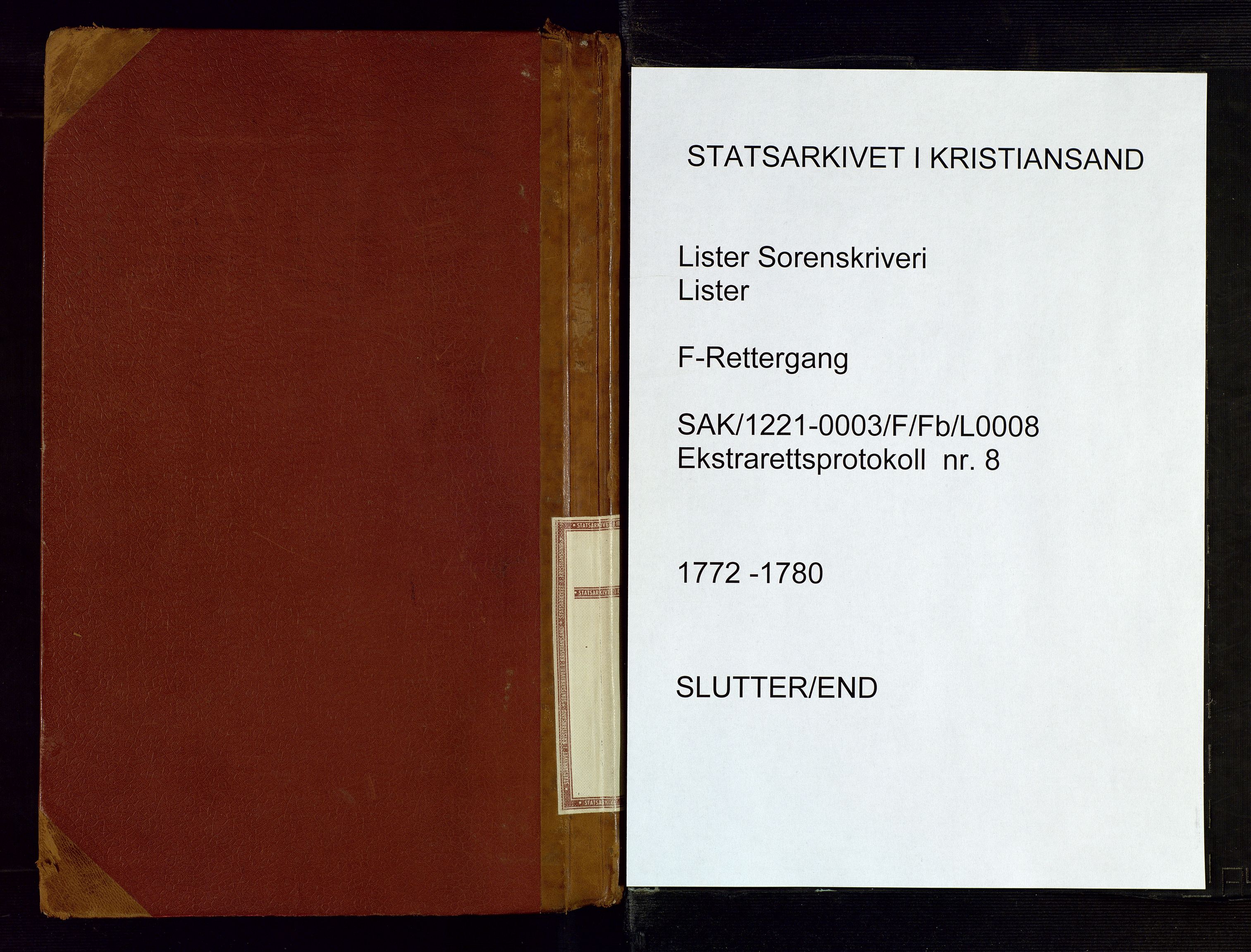 Lister sorenskriveri, AV/SAK-1221-0003/F/Fb/L0008: Ekstrarettsprotokoll med register nr 8, 1772-1780