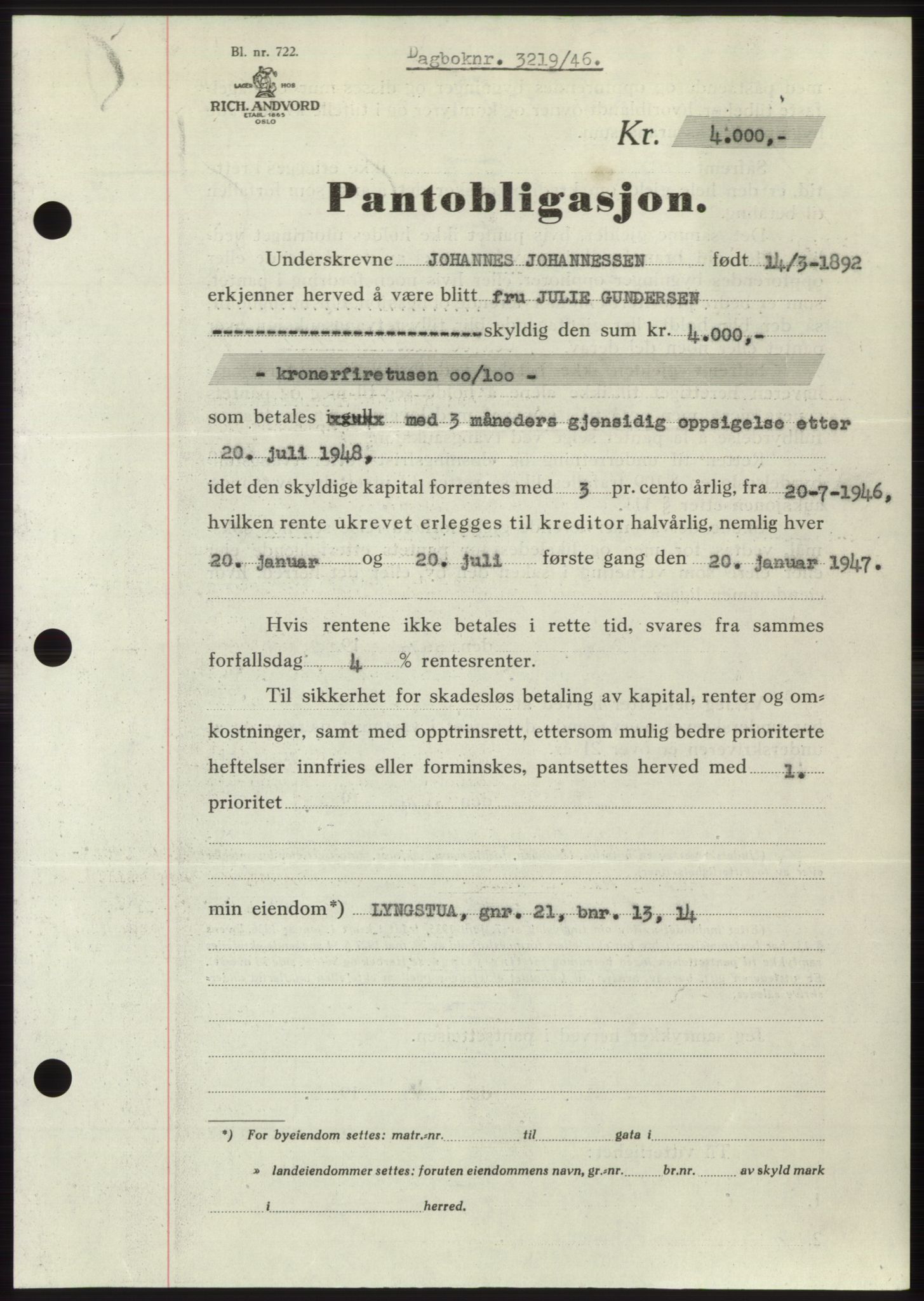 Moss sorenskriveri, SAO/A-10168: Pantebok nr. B16, 1946-1947, Dagboknr: 3219/1946