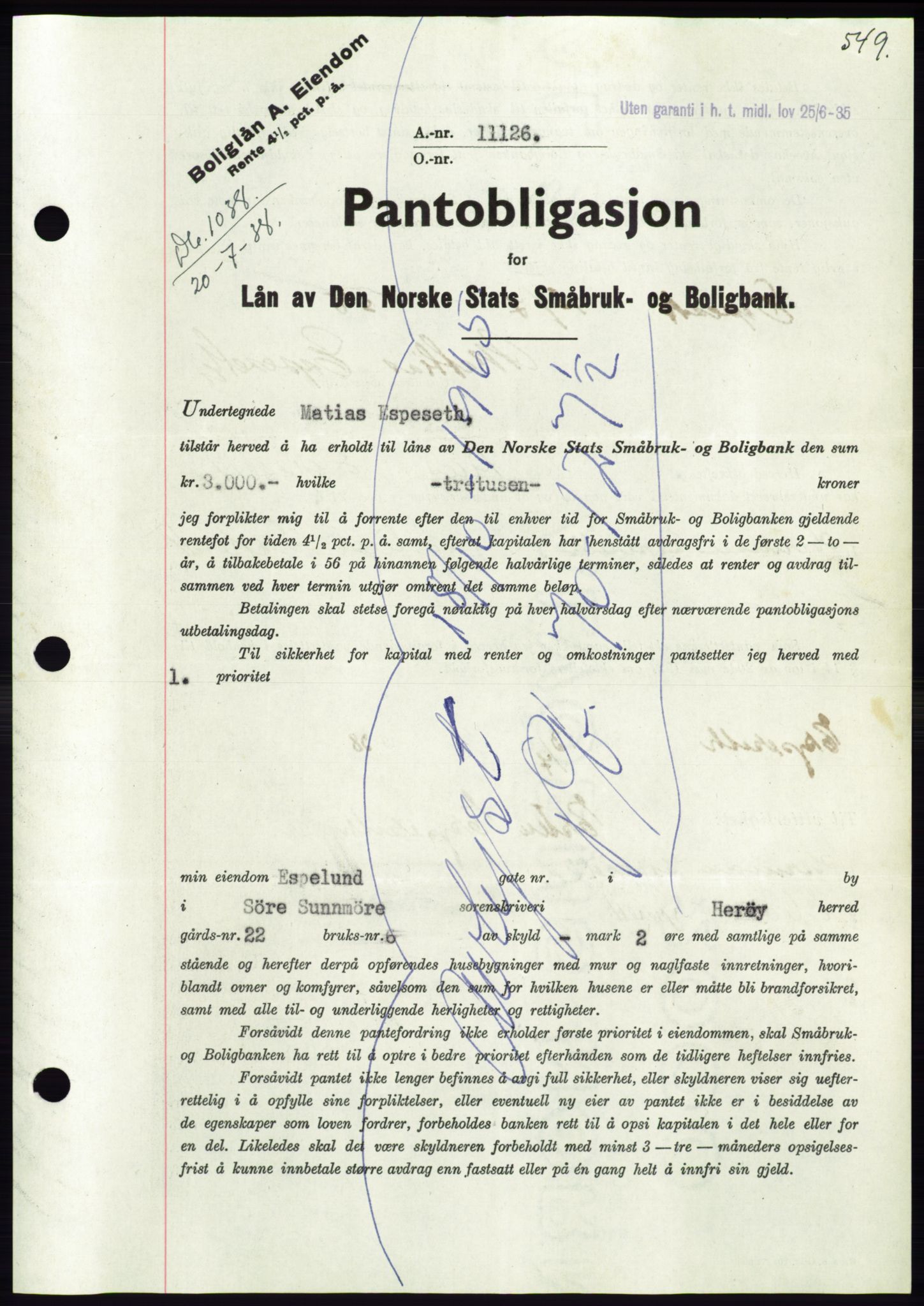 Søre Sunnmøre sorenskriveri, AV/SAT-A-4122/1/2/2C/L0065: Pantebok nr. 59, 1938-1938, Dagboknr: 1038/1938