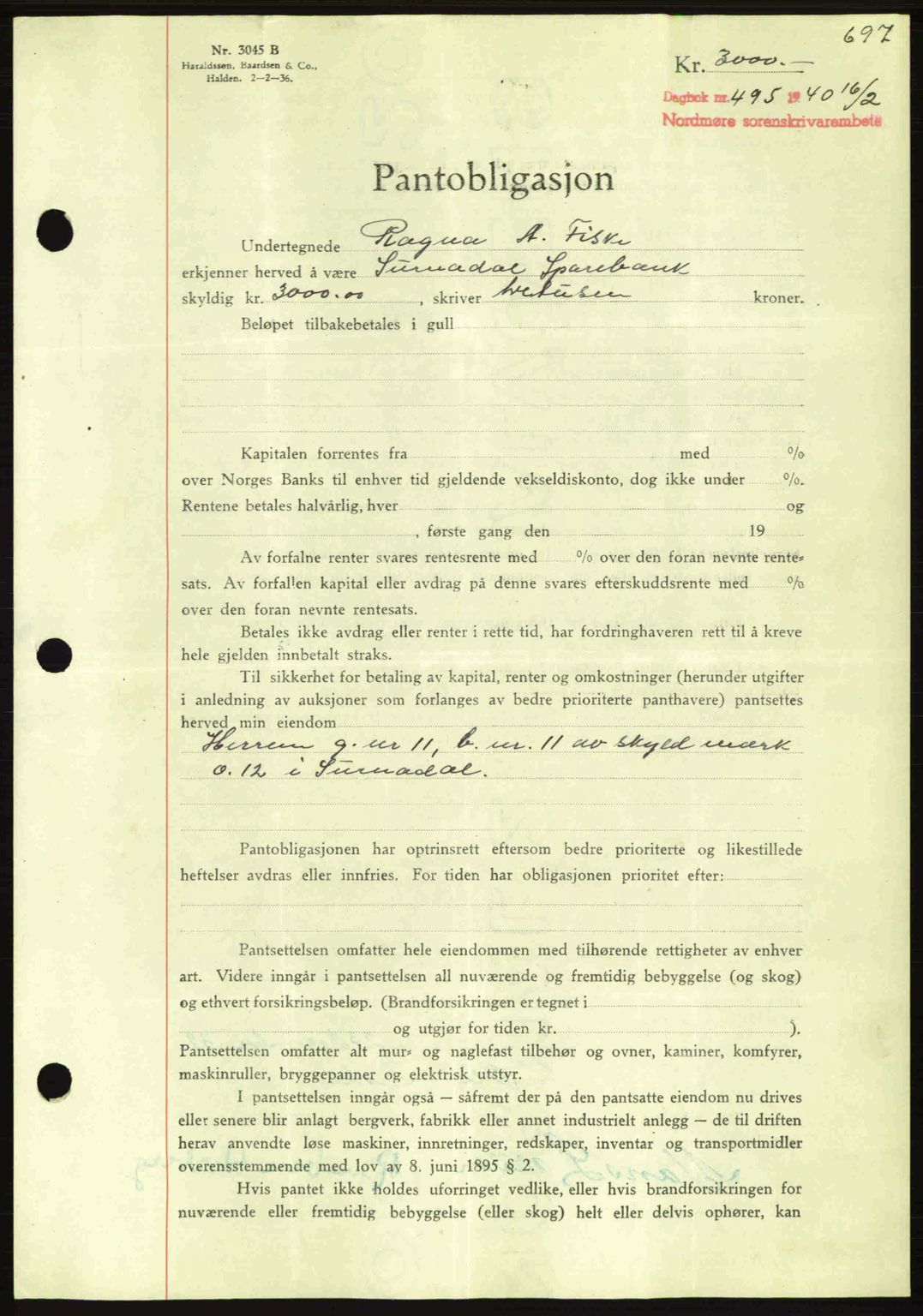 Nordmøre sorenskriveri, AV/SAT-A-4132/1/2/2Ca: Pantebok nr. B86, 1939-1940, Dagboknr: 495/1940