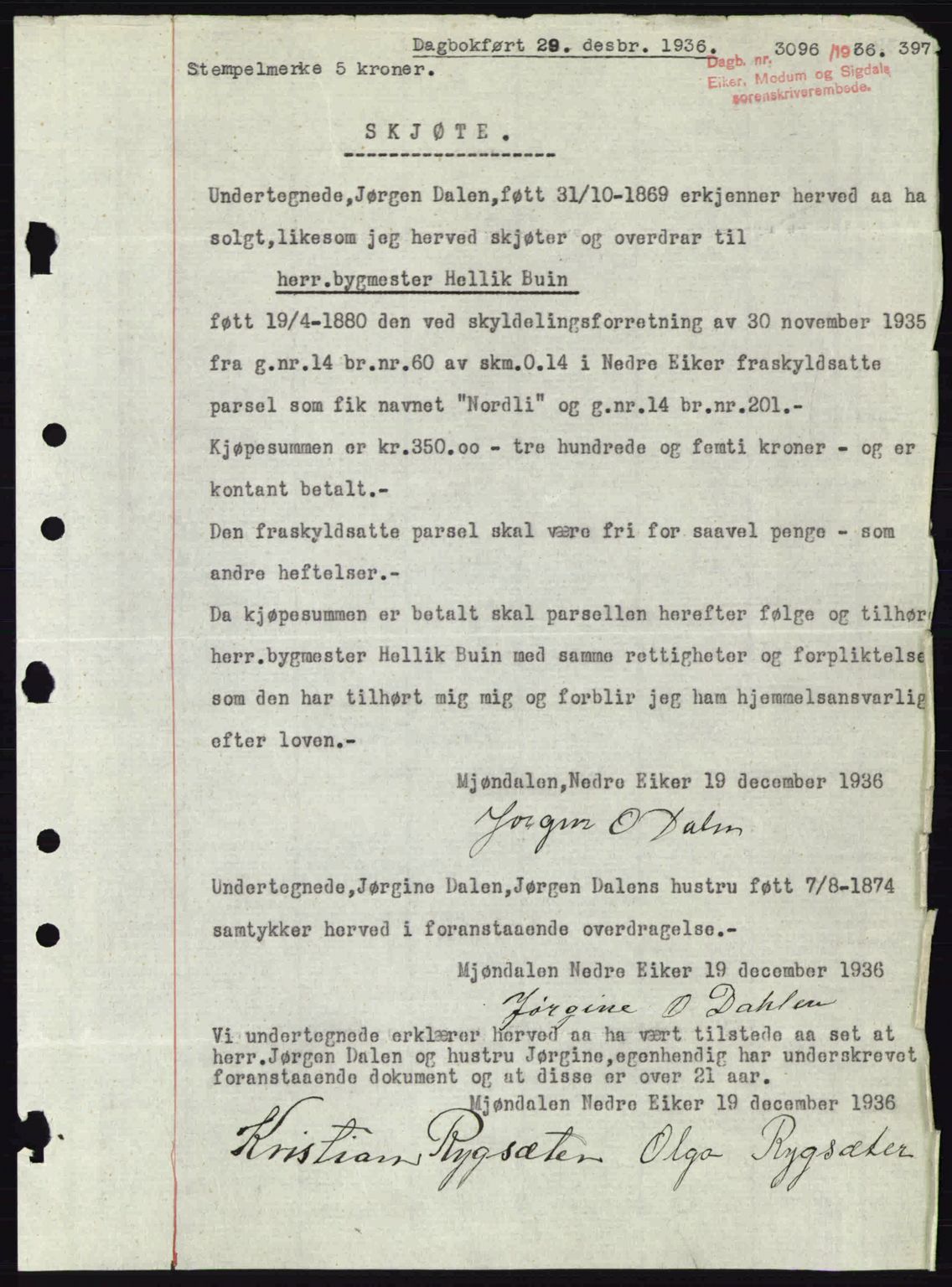 Eiker, Modum og Sigdal sorenskriveri, SAKO/A-123/G/Ga/Gab/L0034: Pantebok nr. A4, 1936-1937, Dagboknr: 3096/1936