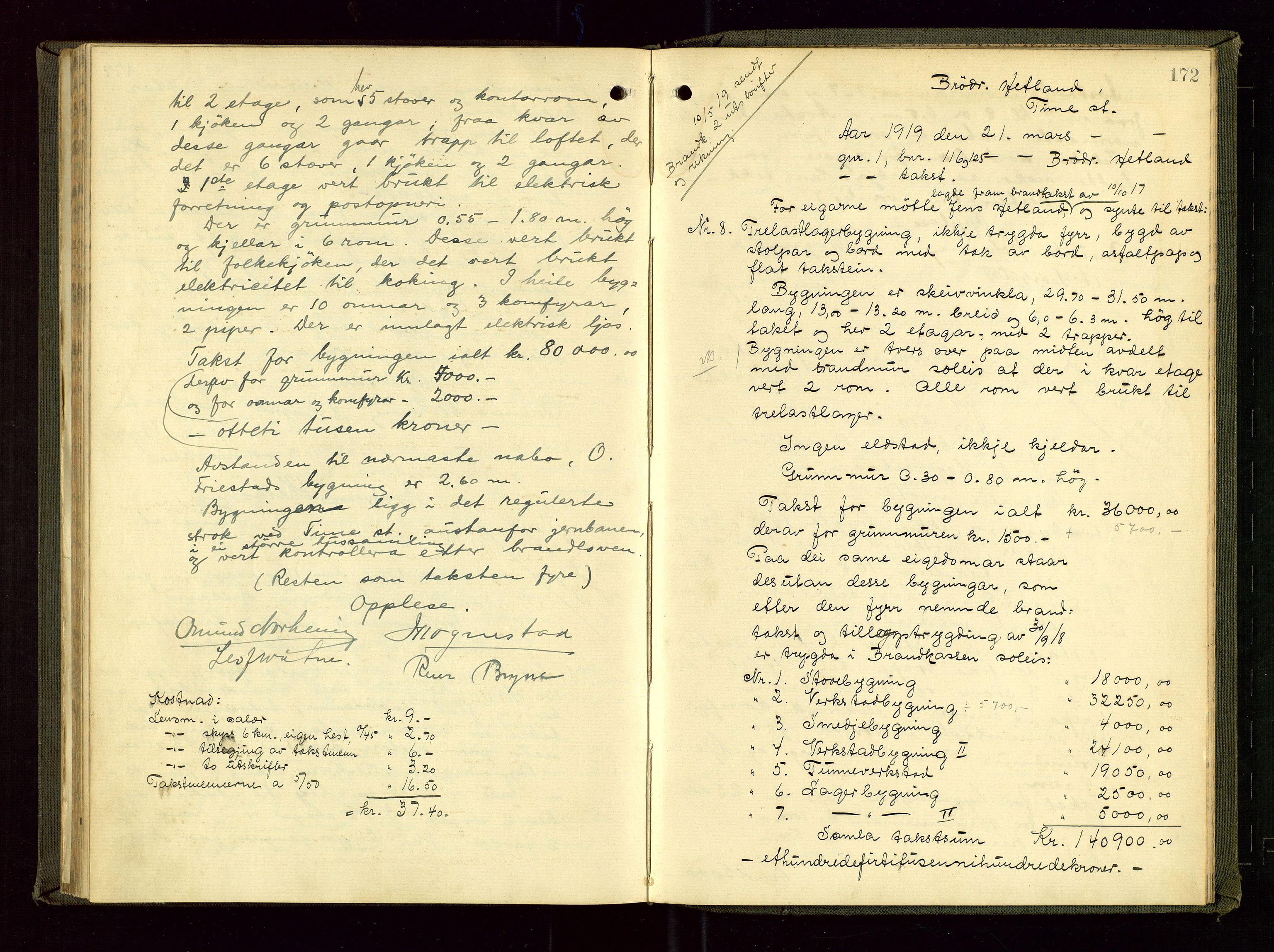Time lensmannskontor, AV/SAST-A-100420/Goa/L0002: "Brandtakstprotokol", 1904-1920, s. 171b-172a