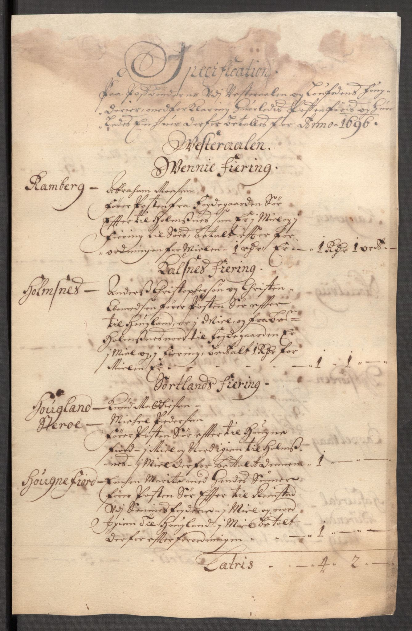 Rentekammeret inntil 1814, Reviderte regnskaper, Fogderegnskap, RA/EA-4092/R67/L4678: Fogderegnskap Vesterålen, Andenes og Lofoten, 1696-1708, s. 127
