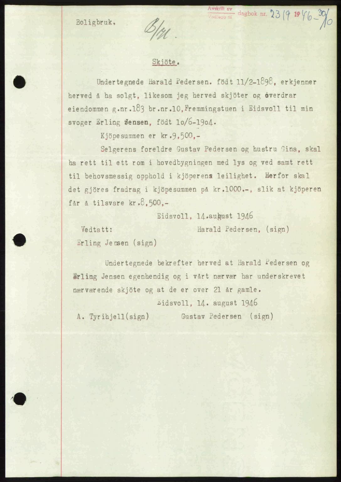 Eidsvoll tingrett, SAO/A-10371/G/Gb/Gbb/L0015: Pantebok nr. A43, 1946-1947, Dagboknr: 2319/1946