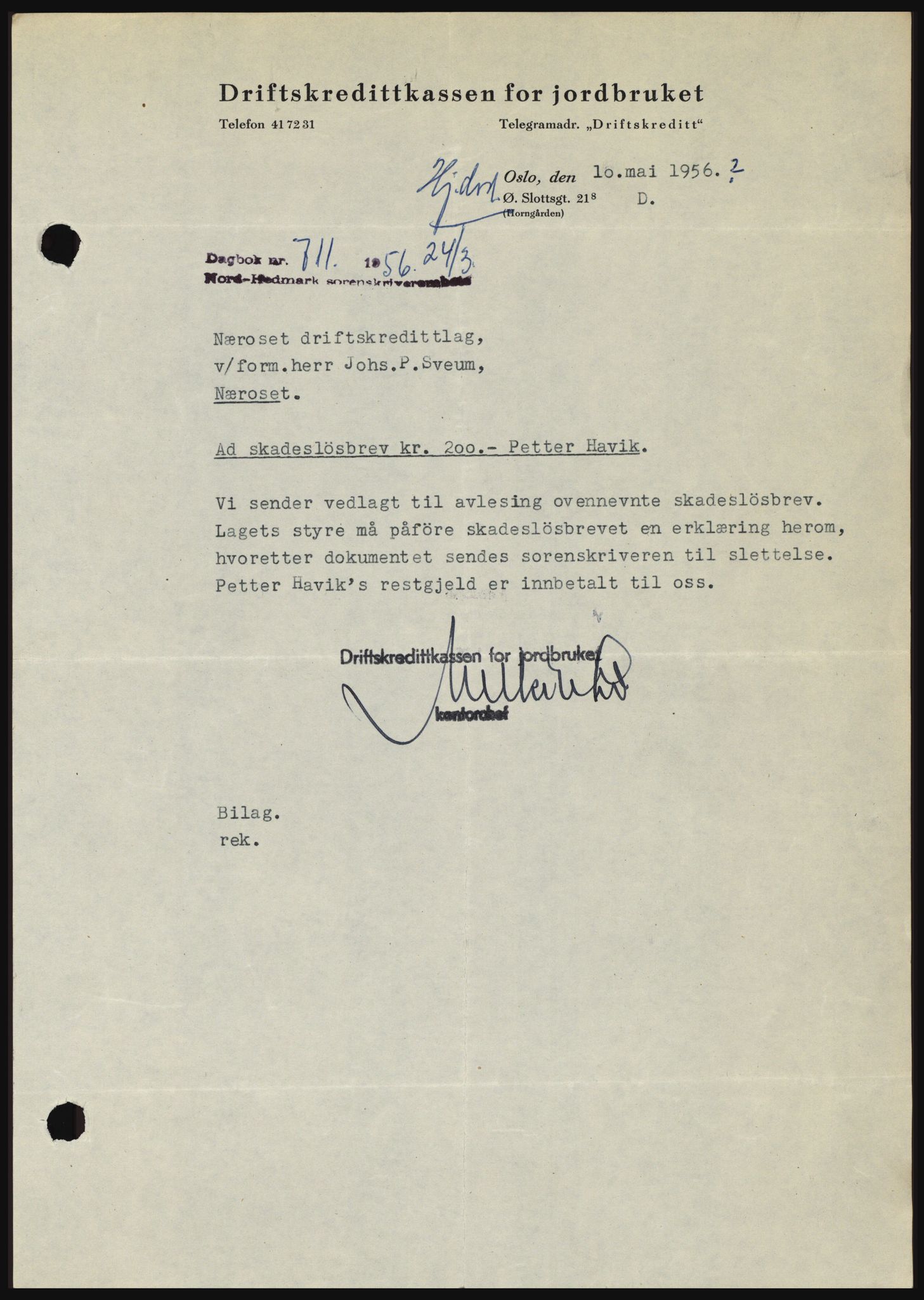 Nord-Hedmark sorenskriveri, SAH/TING-012/H/Hc/L0010: Pantebok nr. 10, 1955-1956, Dagboknr: 711/1956