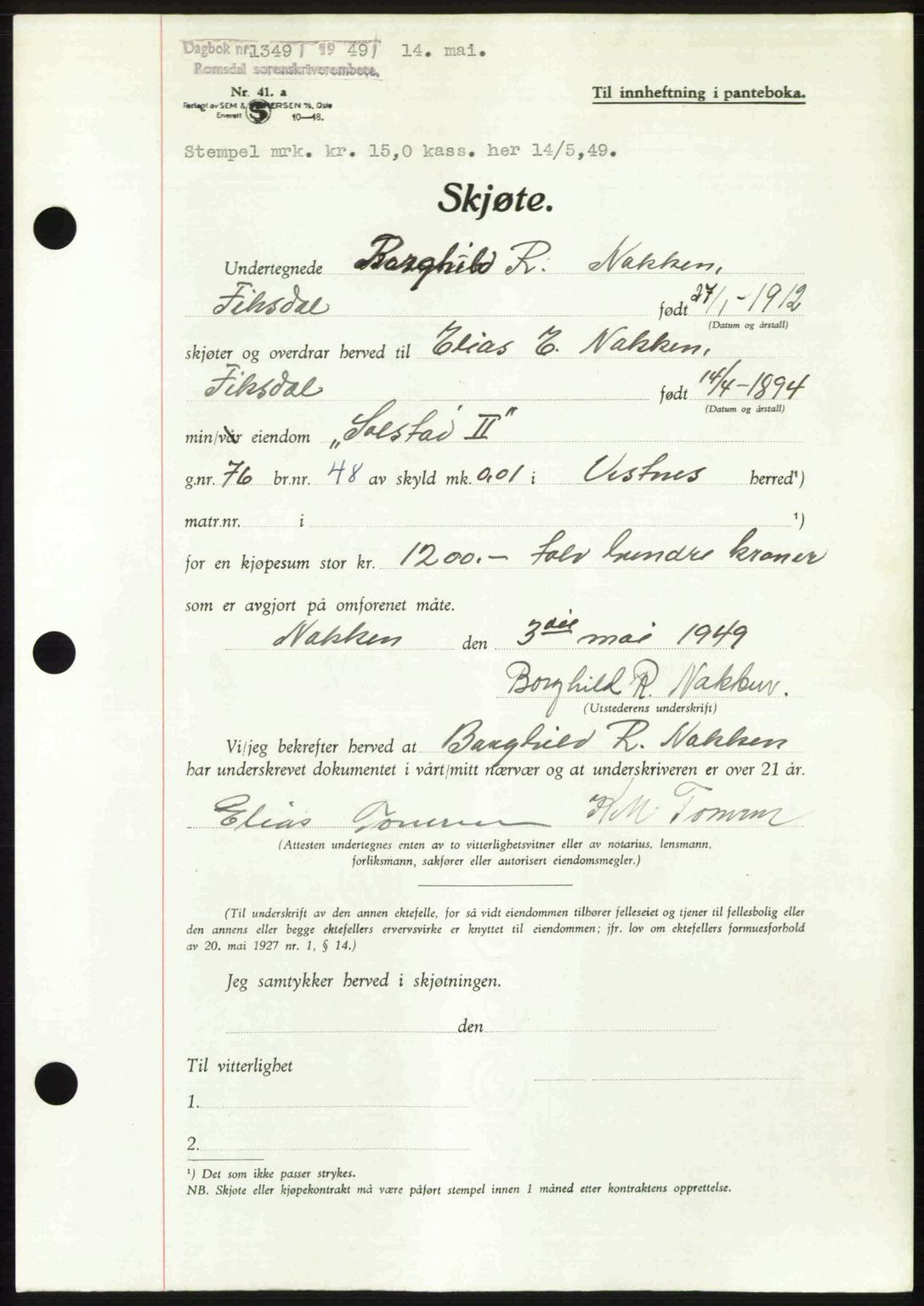 Romsdal sorenskriveri, SAT/A-4149/1/2/2C: Pantebok nr. A29, 1949-1949, Dagboknr: 1349/1949