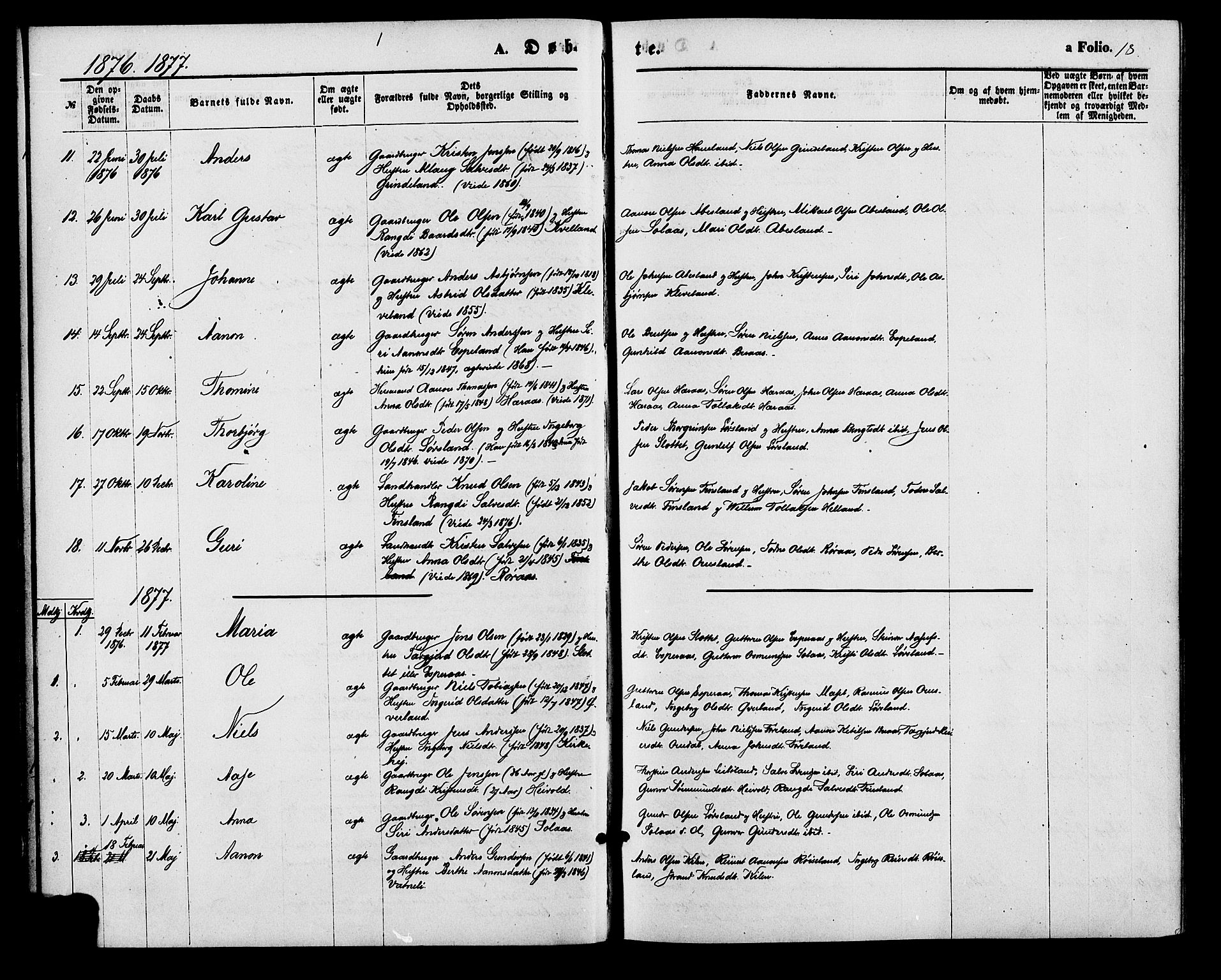 Bjelland sokneprestkontor, AV/SAK-1111-0005/F/Fa/Fab/L0003: Ministerialbok nr. A 3, 1870-1887, s. 18