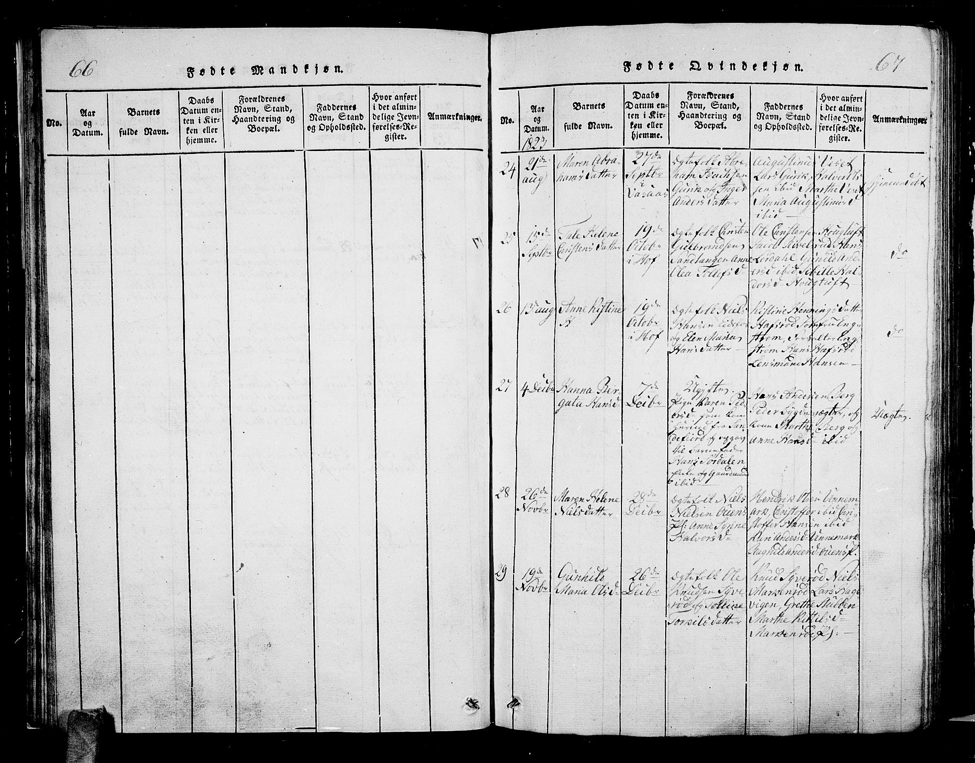 Hof kirkebøker, AV/SAKO-A-64/G/Ga/L0001: Klokkerbok nr. I 1, 1814-1844, s. 66-67