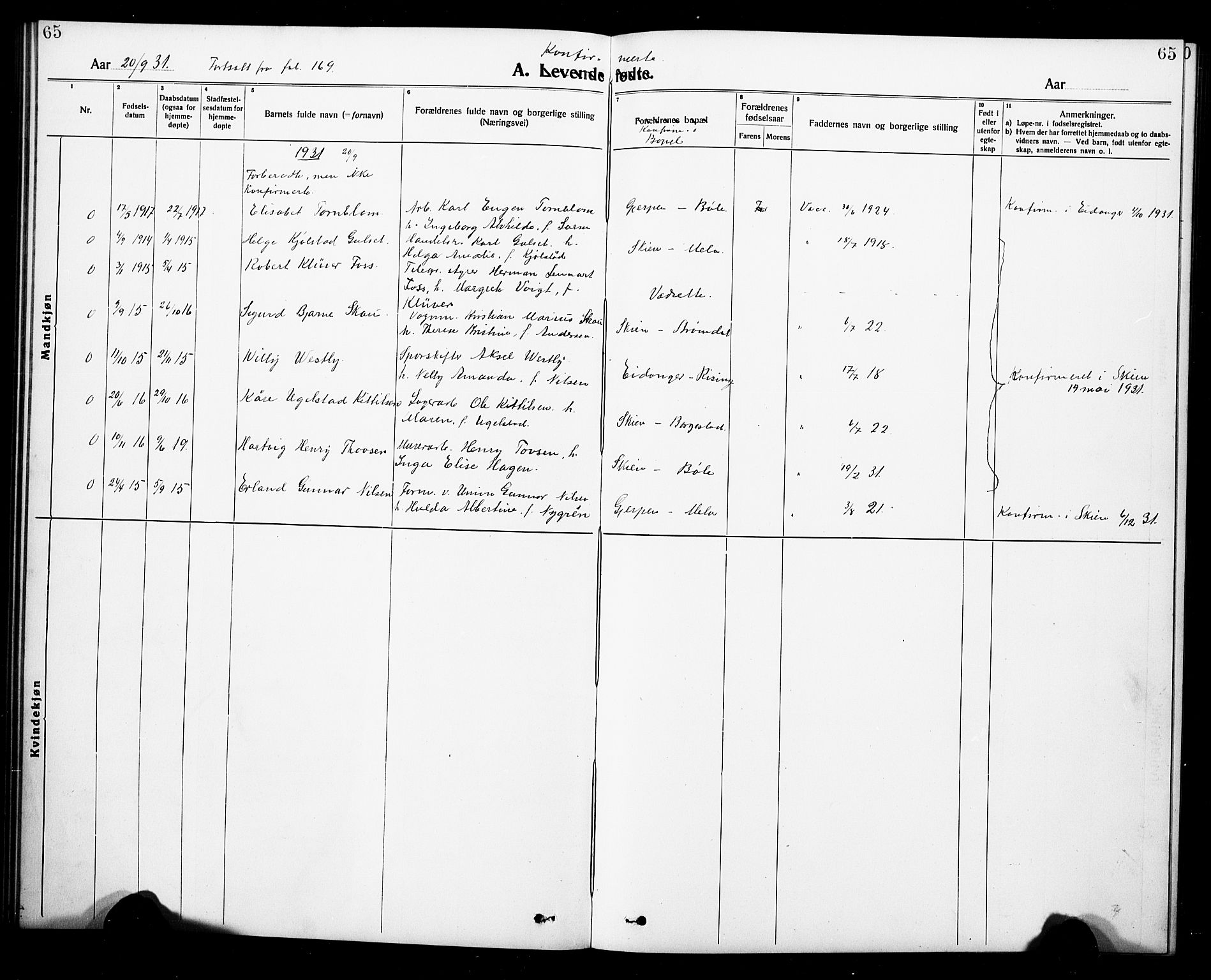 Gjerpen kirkebøker, AV/SAKO-A-265/G/Ga/L0004: Klokkerbok nr. I 4, 1920-1931, s. 65