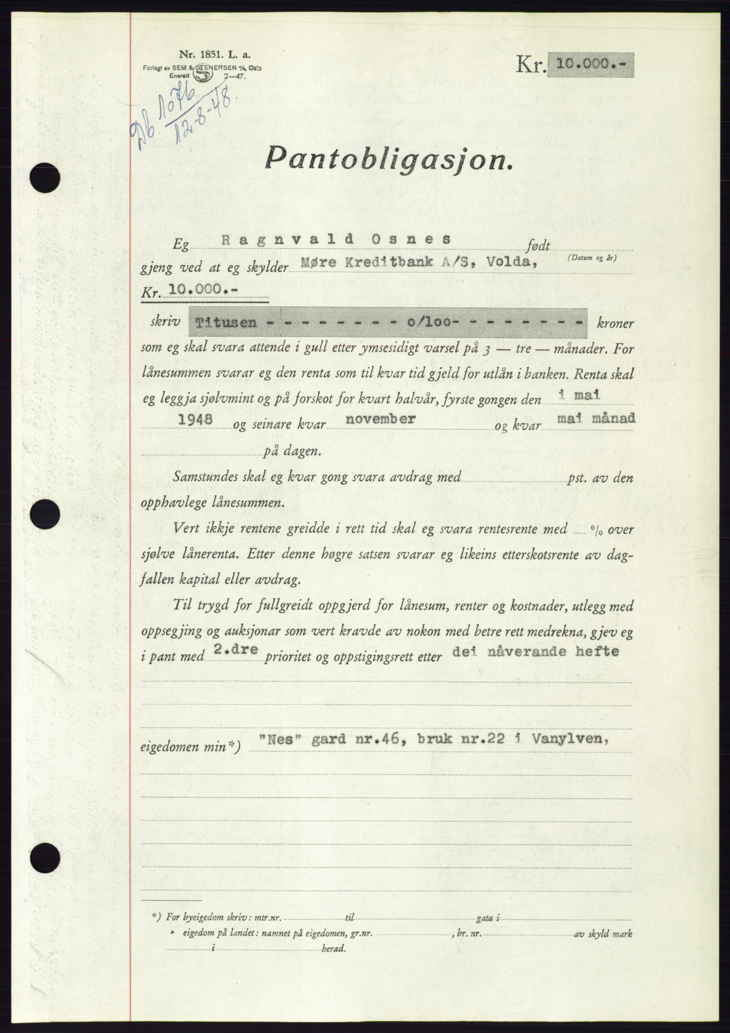 Søre Sunnmøre sorenskriveri, AV/SAT-A-4122/1/2/2C/L0116: Pantebok nr. 4B, 1948-1949, Dagboknr: 1076/1948