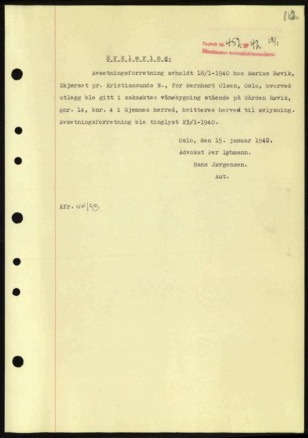 Nordmøre sorenskriveri, SAT/A-4132/1/2/2Ca: Pantebok nr. B88, 1941-1942, Dagboknr: 452/1942