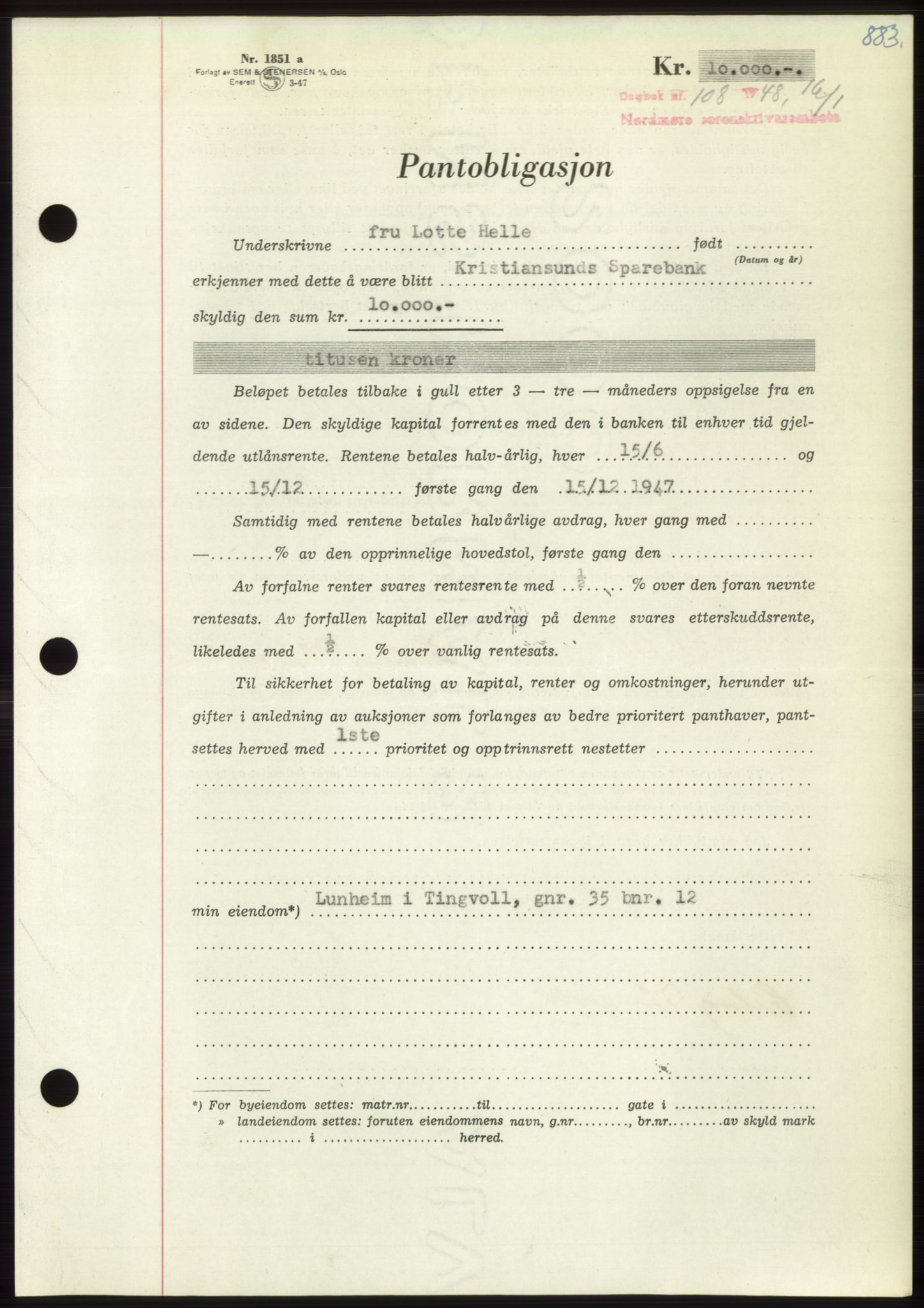 Nordmøre sorenskriveri, AV/SAT-A-4132/1/2/2Ca: Pantebok nr. B97, 1947-1948, Dagboknr: 108/1948