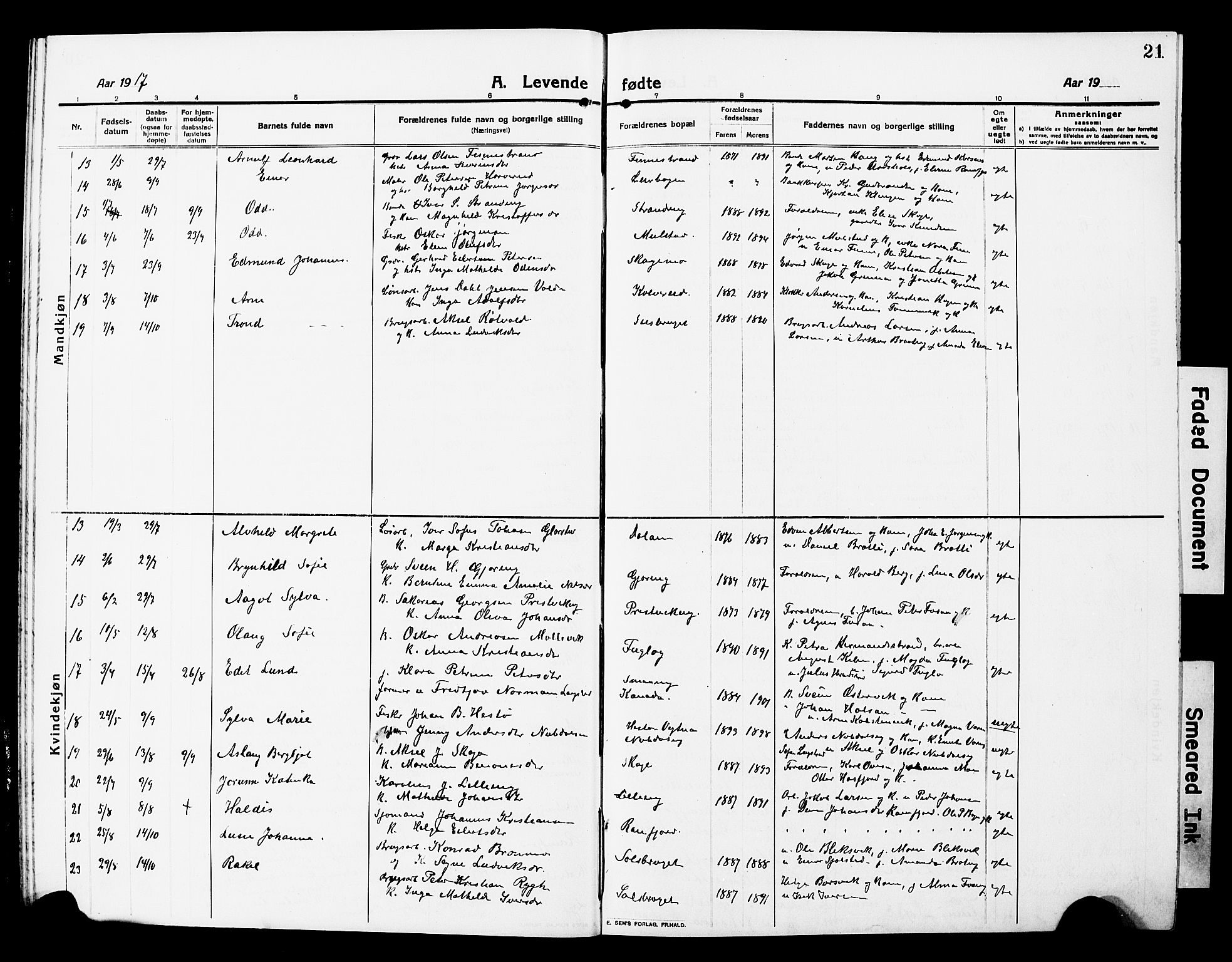 Ministerialprotokoller, klokkerbøker og fødselsregistre - Nord-Trøndelag, SAT/A-1458/780/L0653: Klokkerbok nr. 780C05, 1911-1927, s. 21