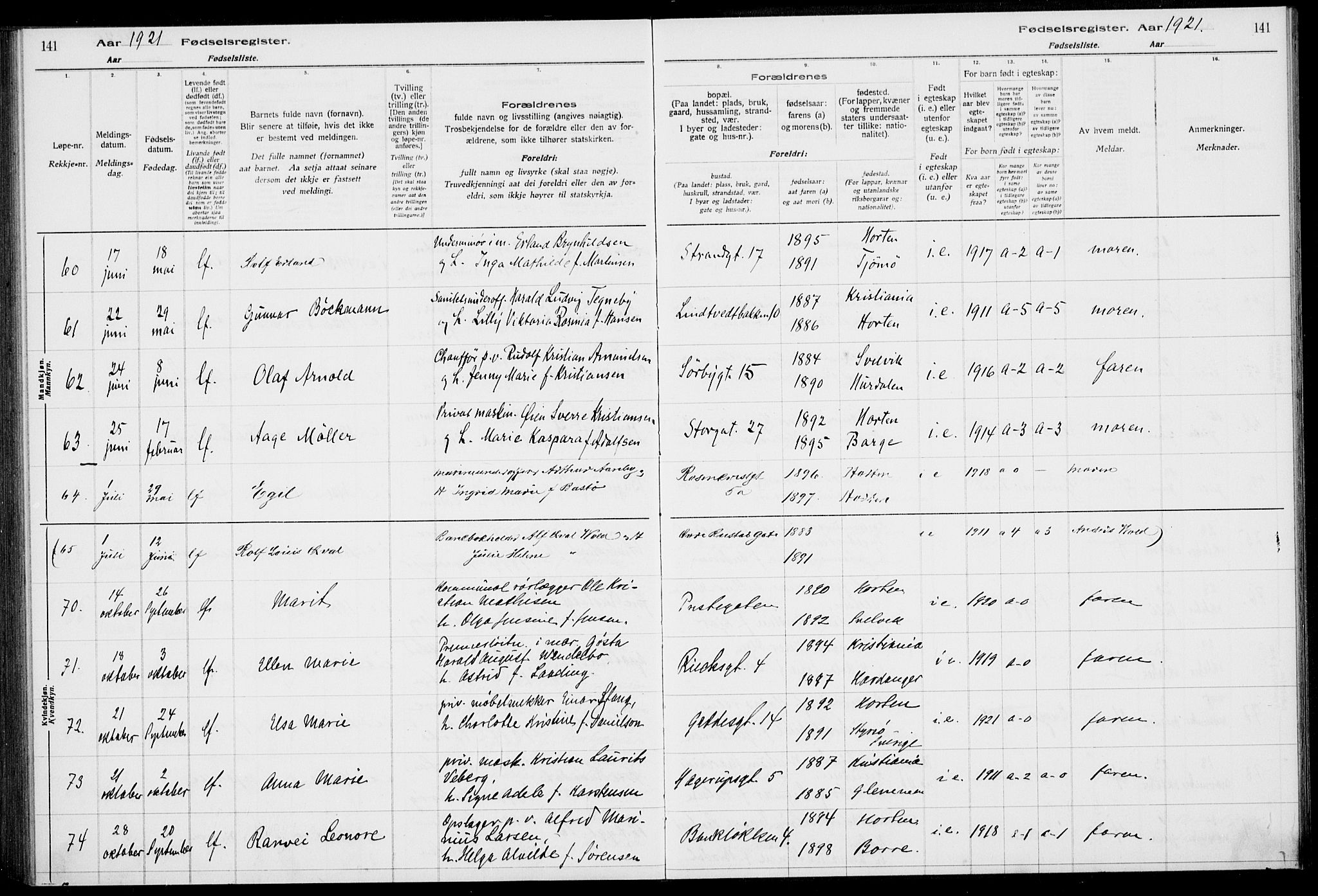 Horten kirkebøker, AV/SAKO-A-348/J/Ja/L0001: Fødselsregister nr. 1, 1916-1923, s. 141