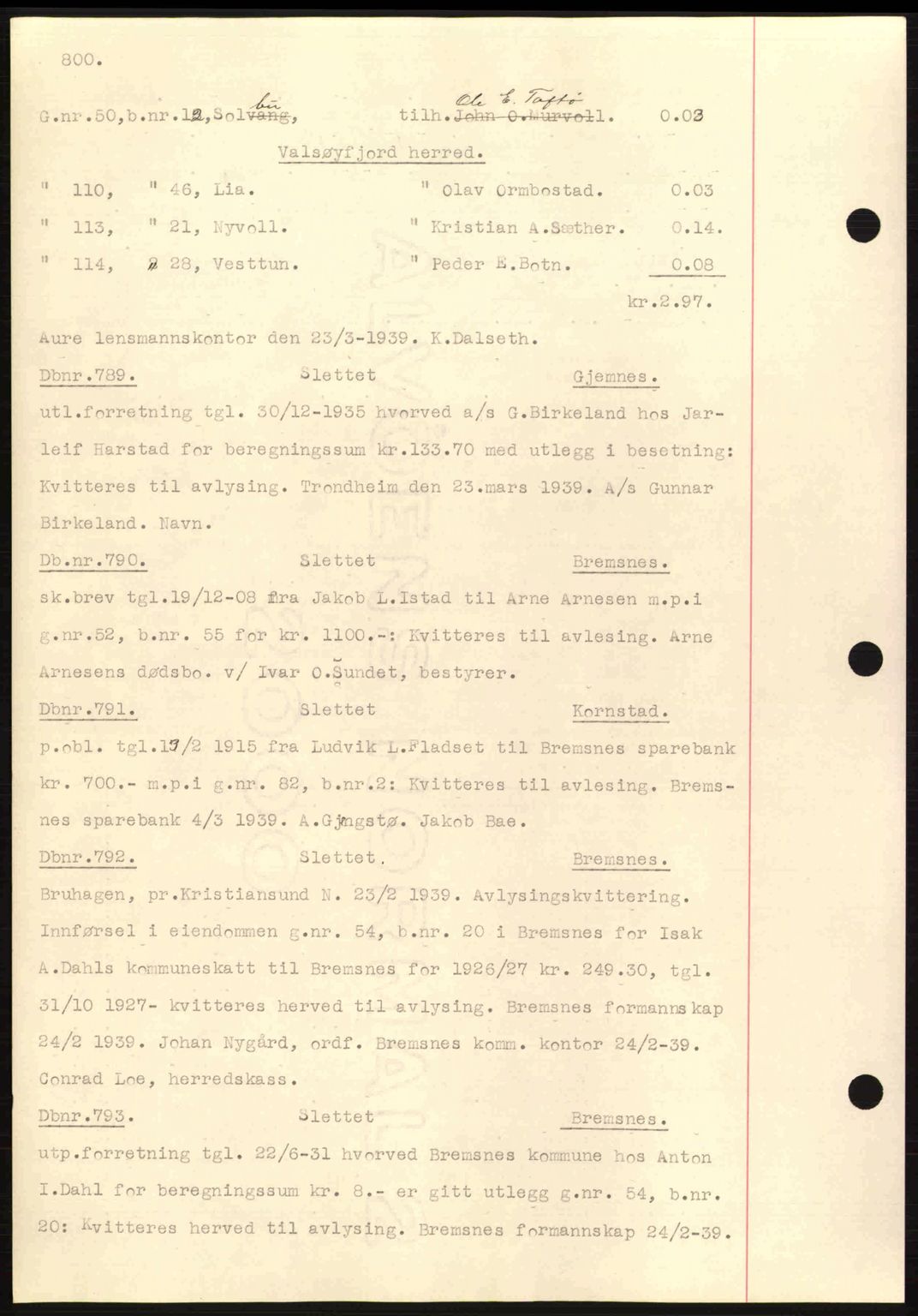 Nordmøre sorenskriveri, SAT/A-4132/1/2/2Ca: Pantebok nr. C80, 1936-1939, Dagboknr: 789/1939