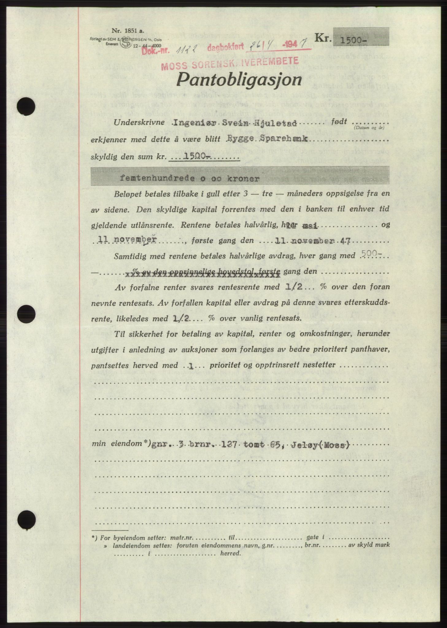 Moss sorenskriveri, SAO/A-10168: Pantebok nr. B17, 1947-1947, Dagboknr: 1122/1947