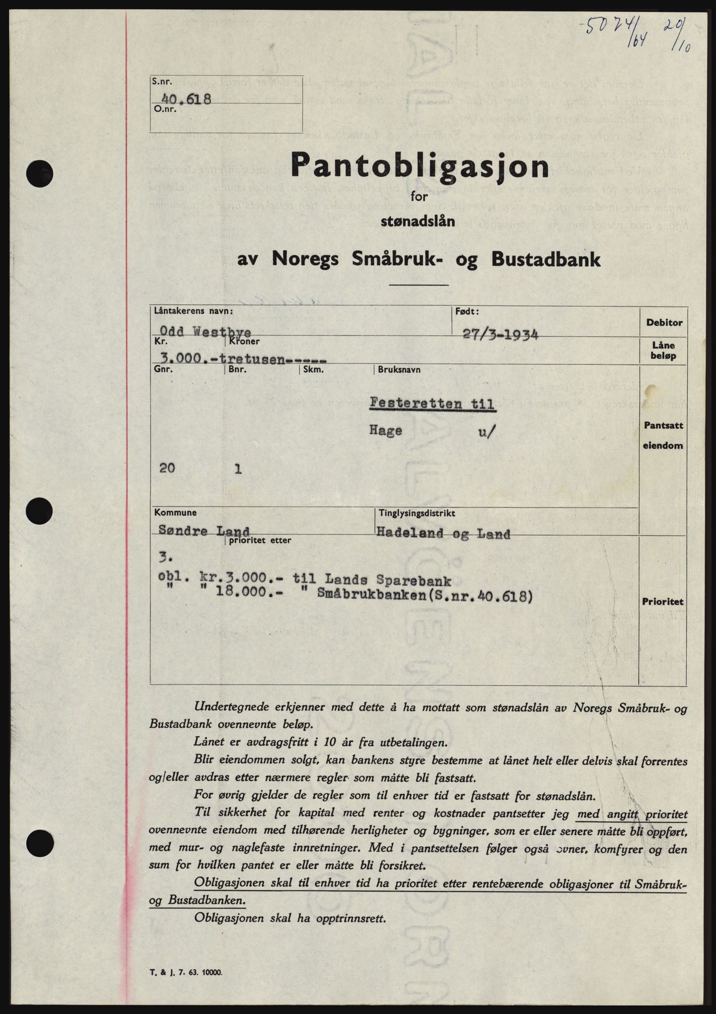 Hadeland og Land tingrett, SAH/TING-010/H/Hb/Hbc/L0056: Pantebok nr. B56, 1964-1964, Dagboknr: 5074/1964