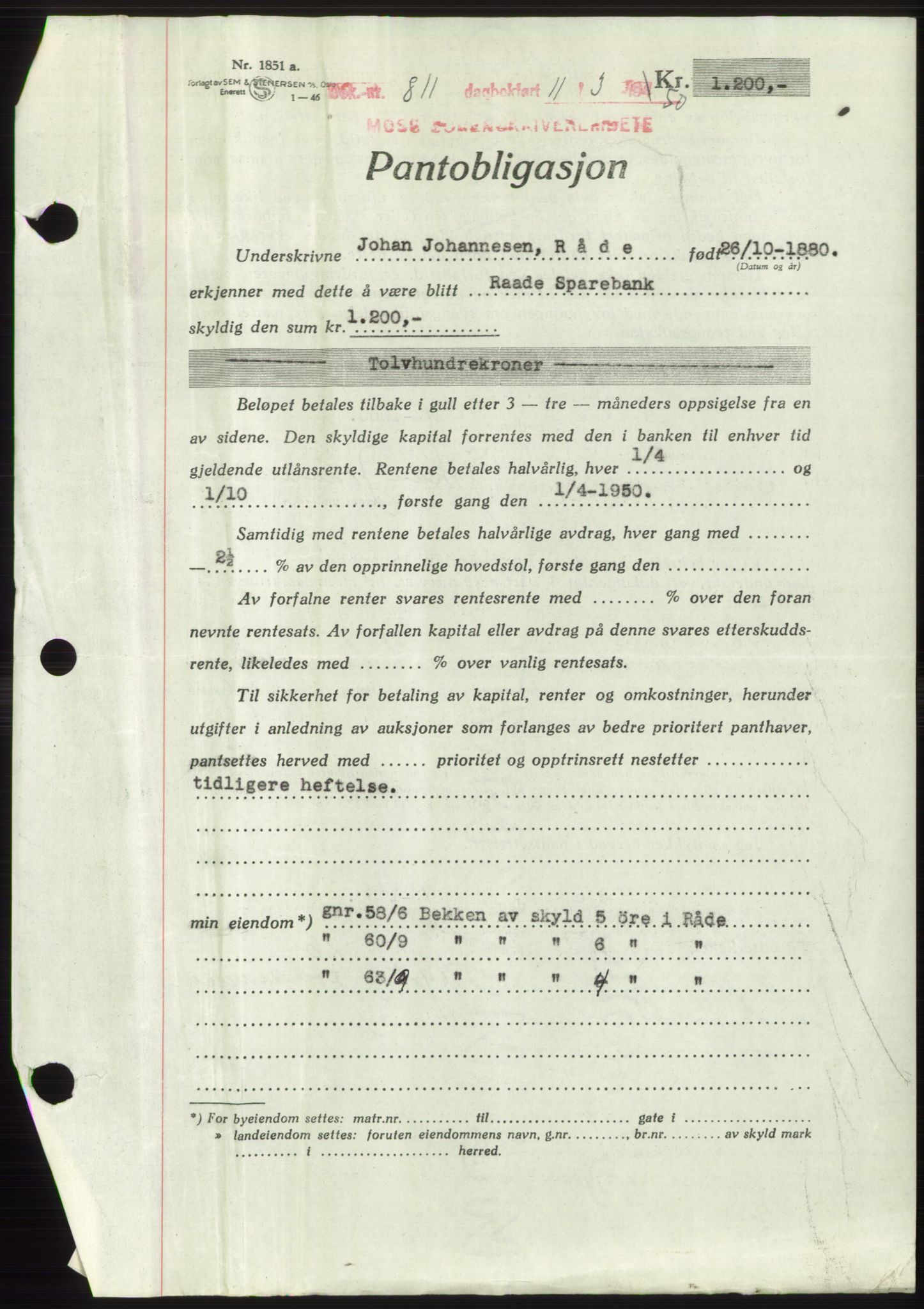 Moss sorenskriveri, SAO/A-10168: Pantebok nr. B23, 1949-1950, Dagboknr: 811/1950