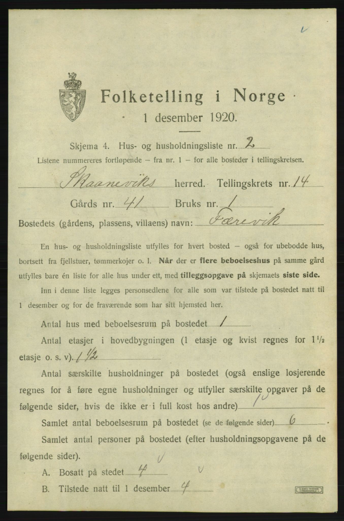 SAB, Folketelling 1920 for 1212 Skånevik herred, 1920, s. 1486